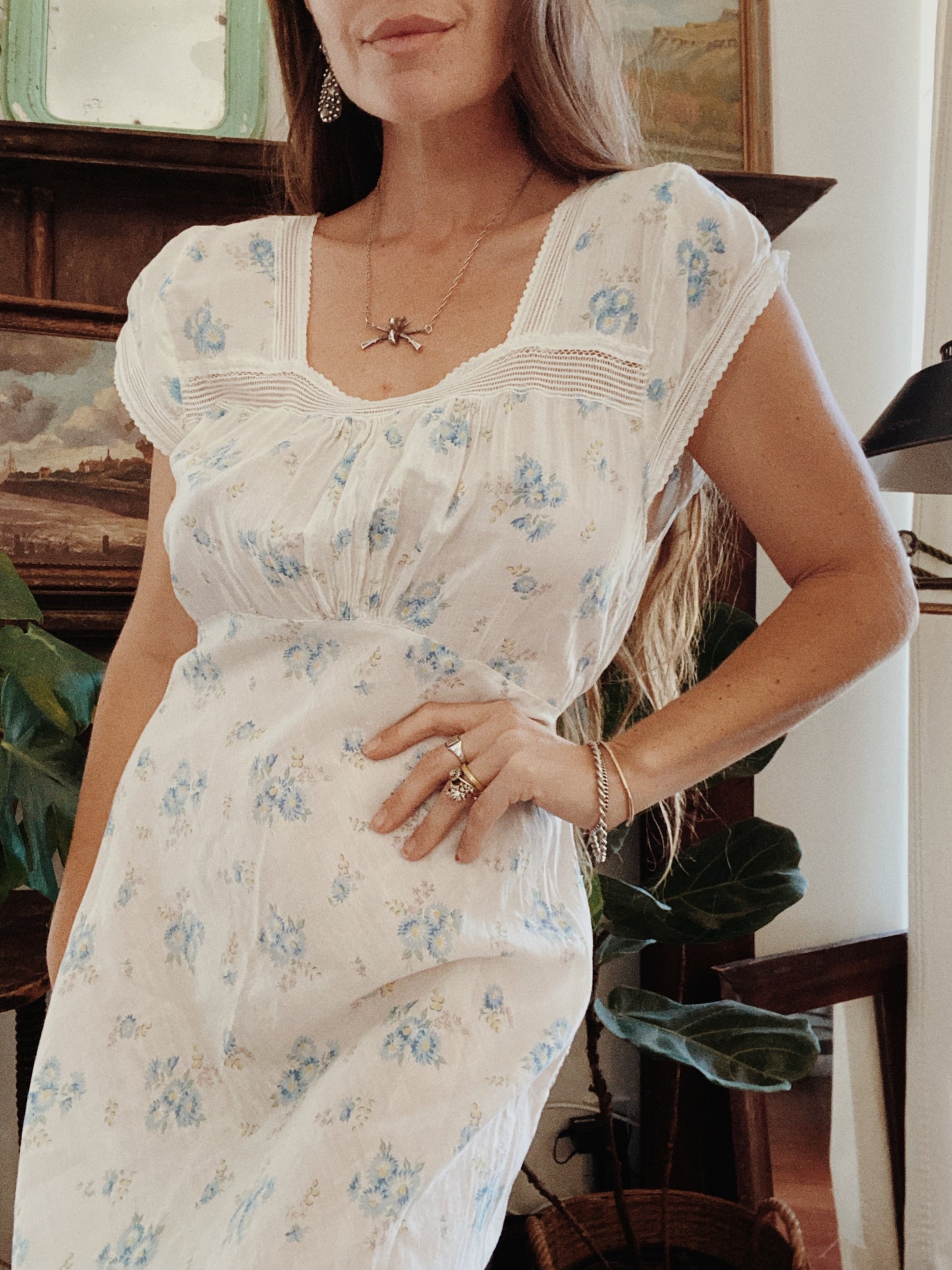 1930s/40s White + Cornflower Blue Batiste Cotton Slip Dress- M/L