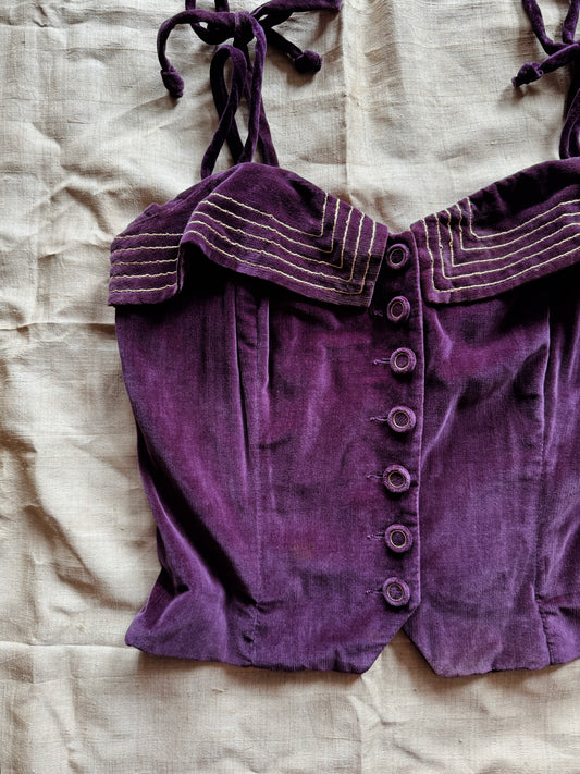 1950s Royal Purple Velveteen Bustier w/ Gold Trim- S