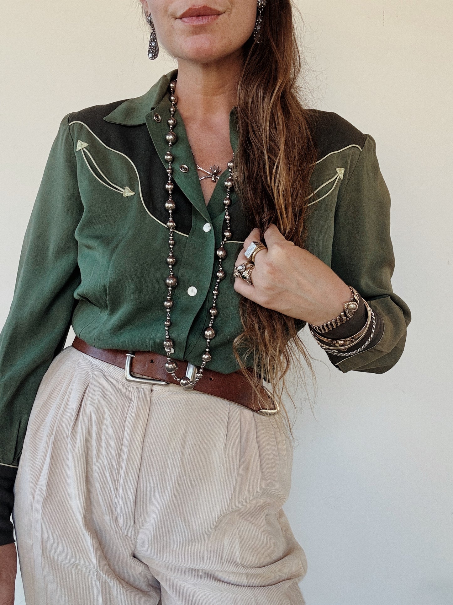 1940s Emerald Tri-Tone Gabardine Western Blouse- M