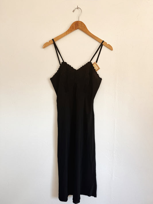 1930s/40s Italian Black Silk Slip Dress w/ Floral Embroidery- S-S/M