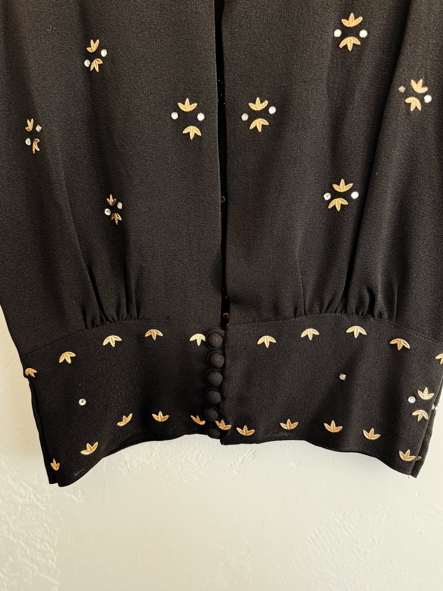 1930s Black Leaf Stud + Rhinestone Cropped Crepe Blouse- S/M