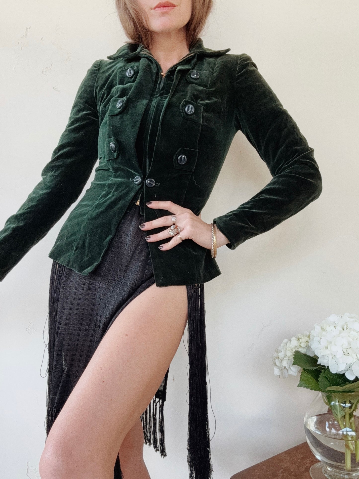 1940s Unique Emerald Green Velvet Jacket- S