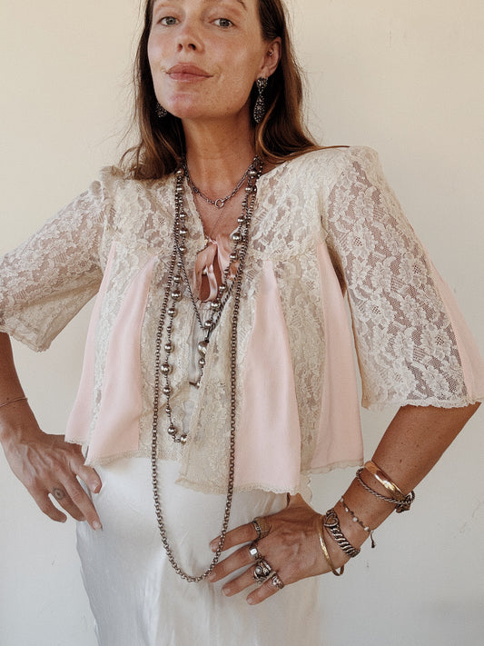 1930s Lace + Bubblegum Crepe Bed Jacket- S-M