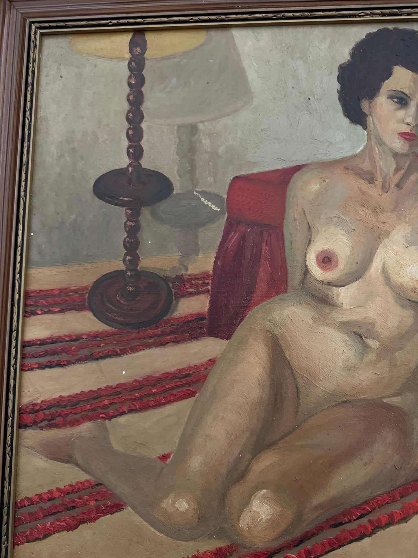 Mid Century Nude of Moroccan Woman on Red Striped Carpet- 21 x 25”