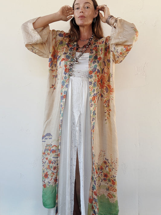 1920s Vibrant Pongee Silk Long Duster Robe