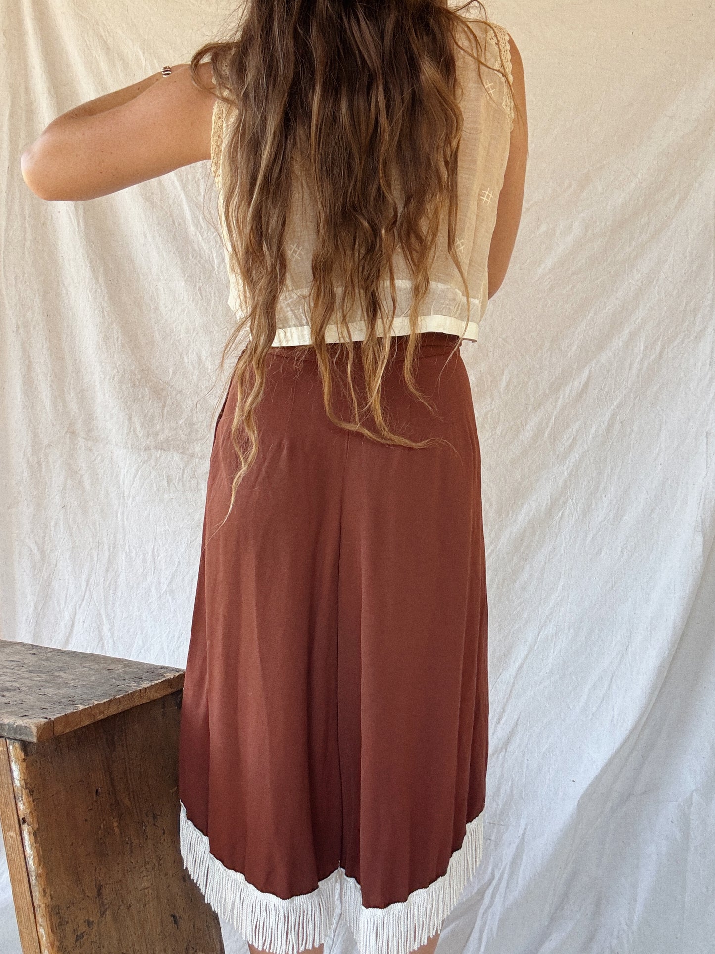 1950s Brown Gabardine Western Fringe Split Skirt Pants- 28” Waist