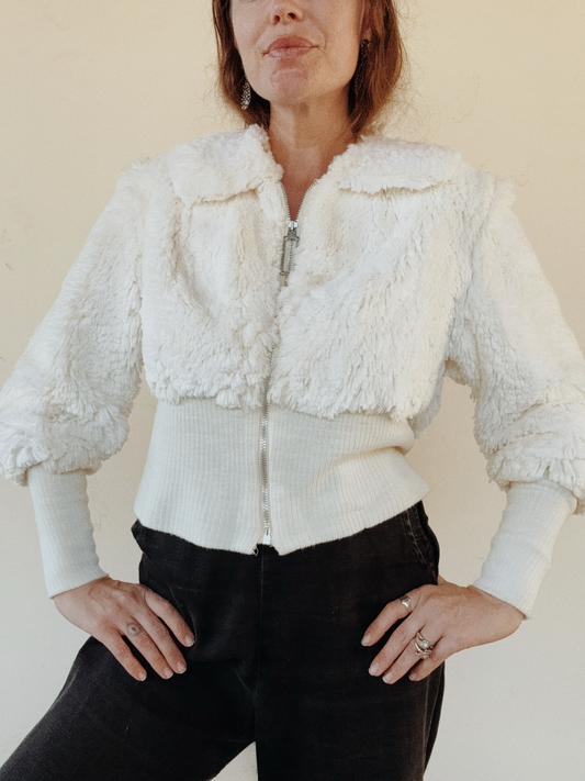 1970s White Cropped Faux Fur Jacket w/ Mutton Sleeves- M/L