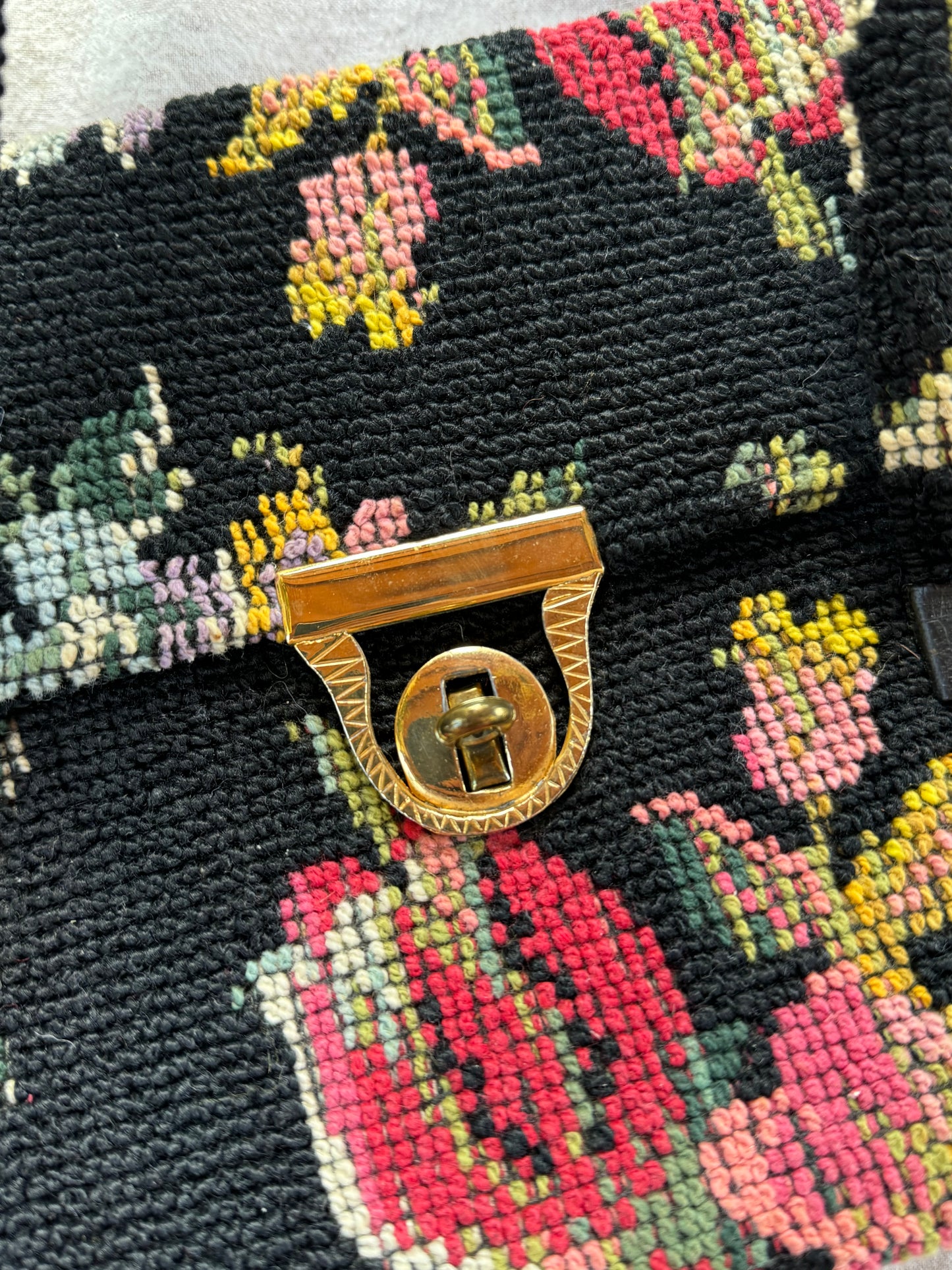 1950s/60s Large Black Floral Needlepoint Handbag