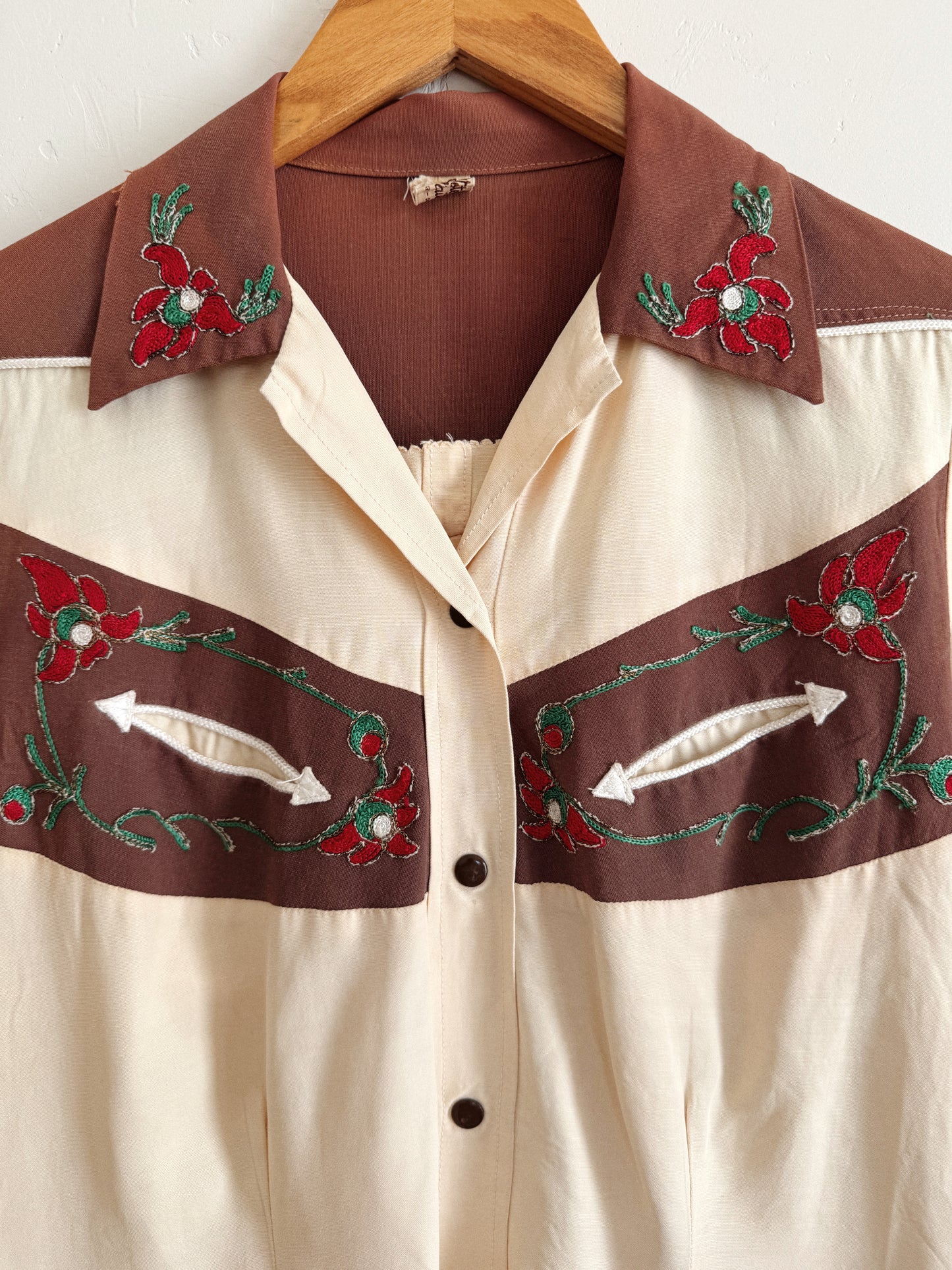 1940s Western Creme + Brown Chain Stitched Blouse- S-S/M