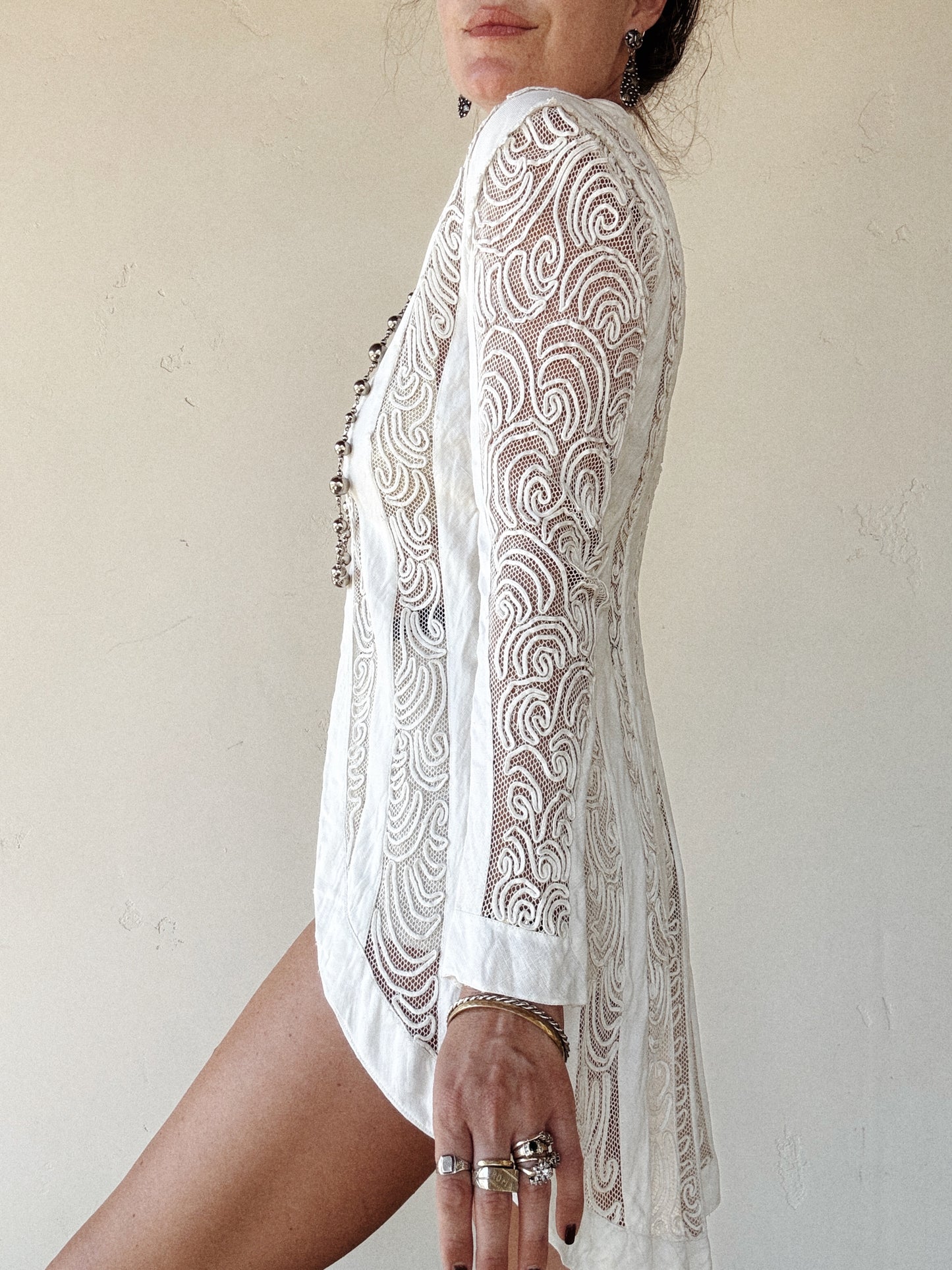 Edwardian White Linen + Net Soutache Jacket- S/M