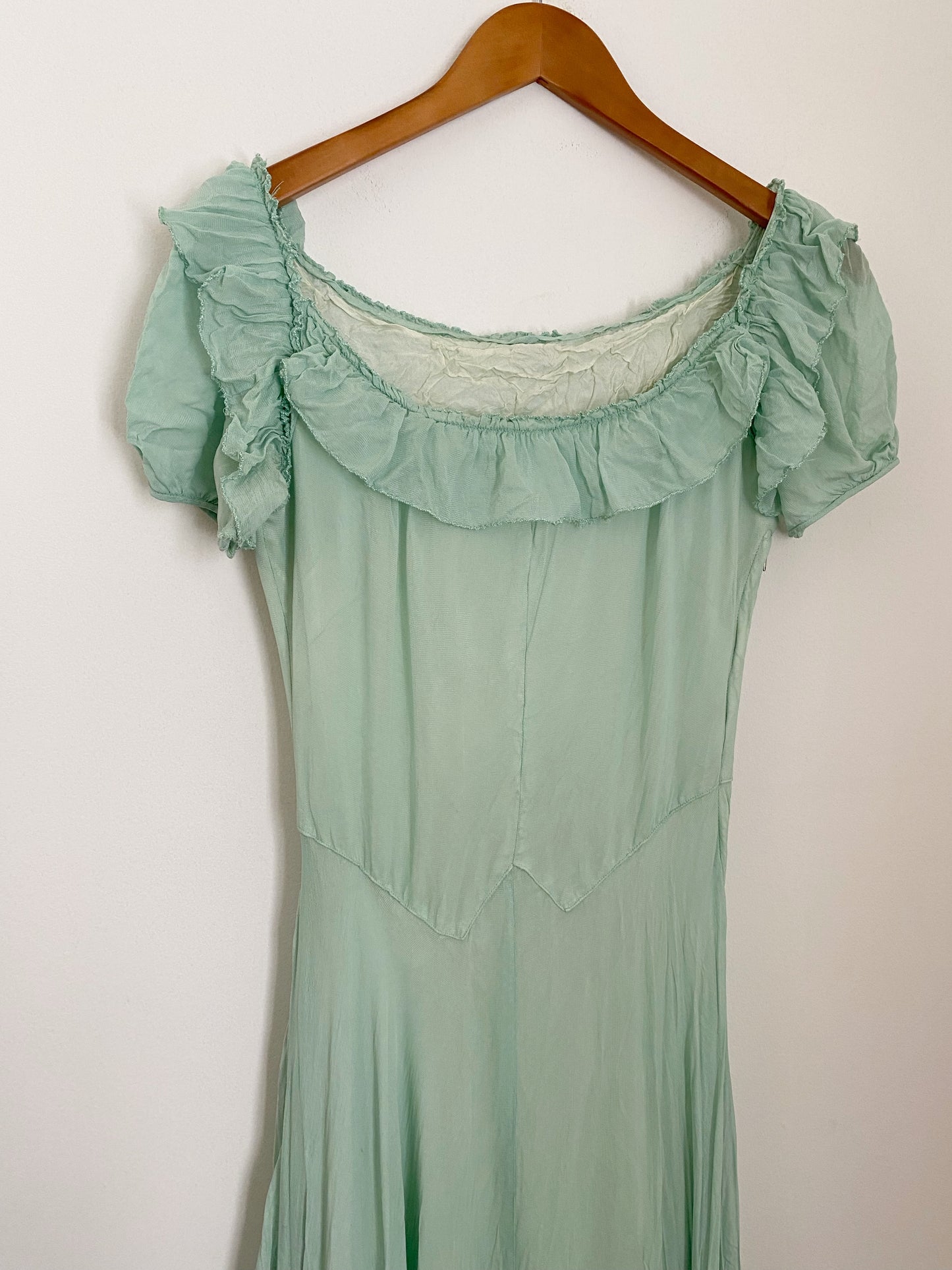 1940s Minty Chiffon Ruffled Gown- 5/6