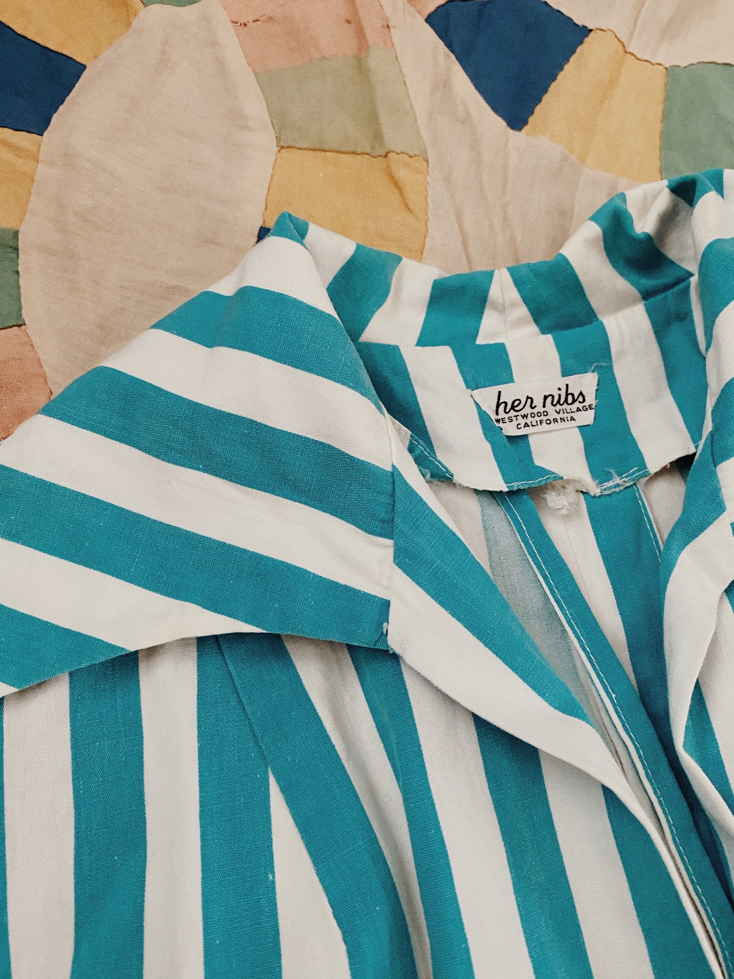 1950s White + Blue Striped Cotton Sportswear Cabana Top- M
