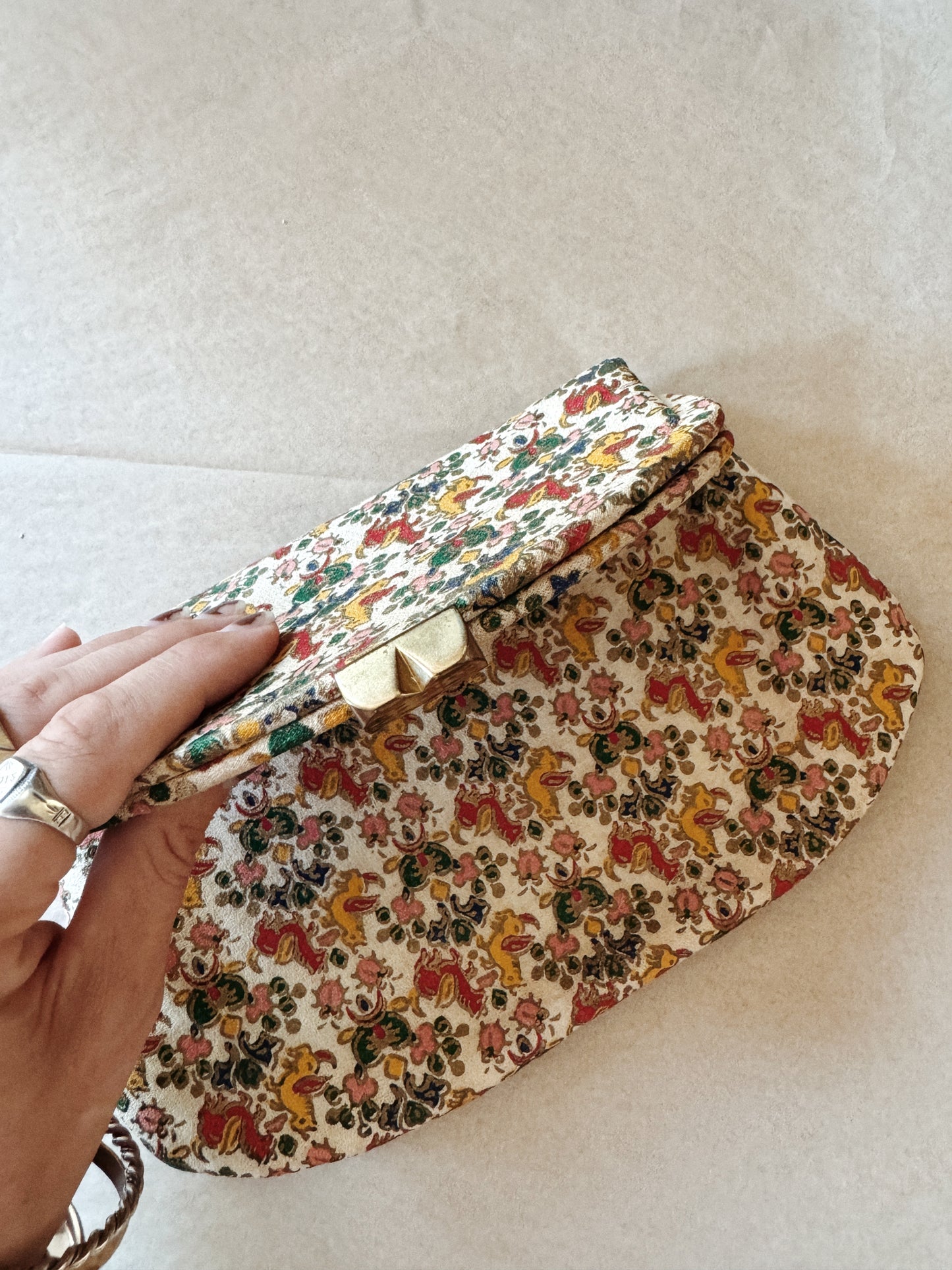 1940s Mythical Unicorn Bark Cloth Clutch w/ Stud Clasp