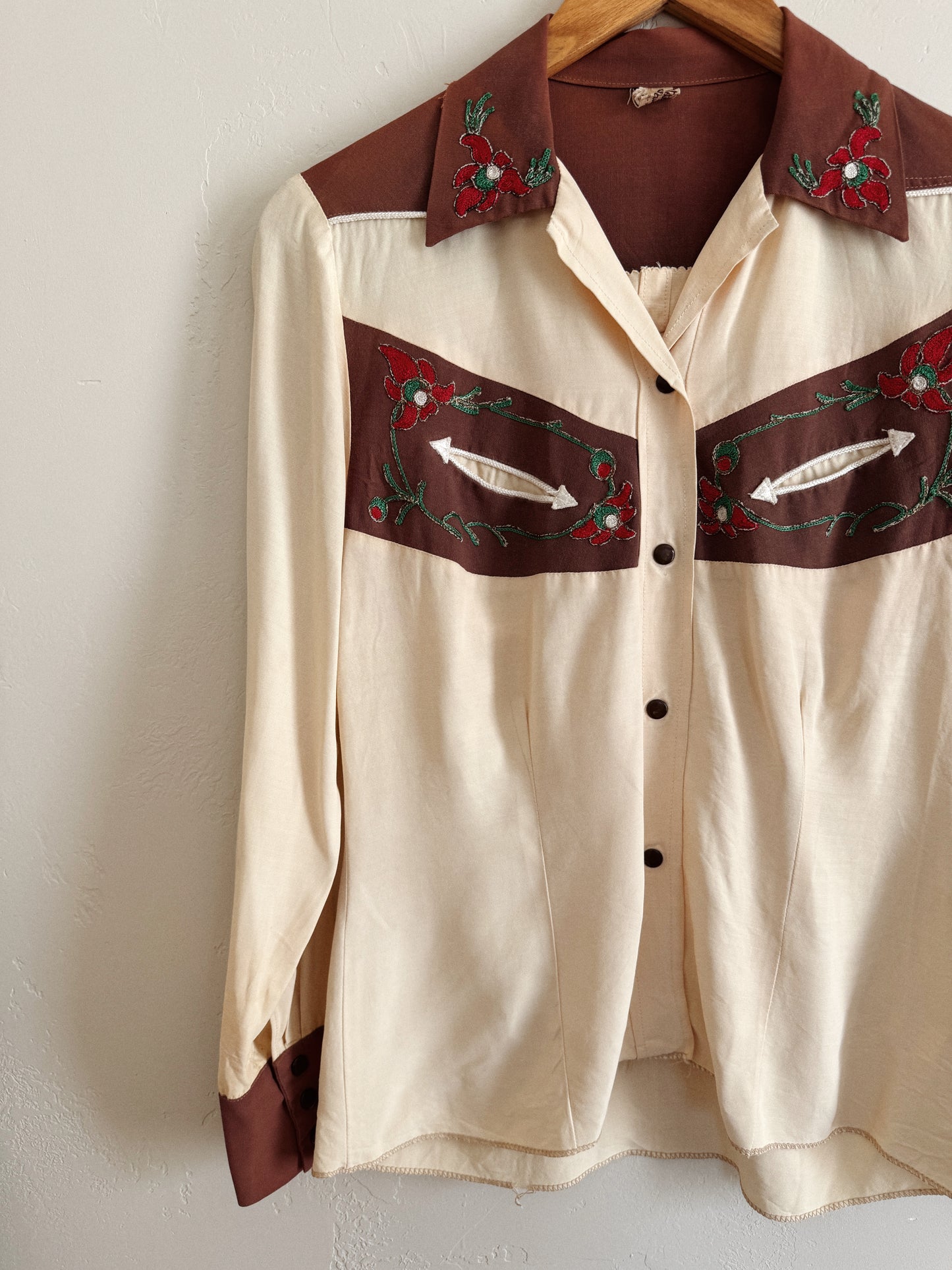 1940s Western Creme + Brown Chain Stitched Blouse- S-S/M
