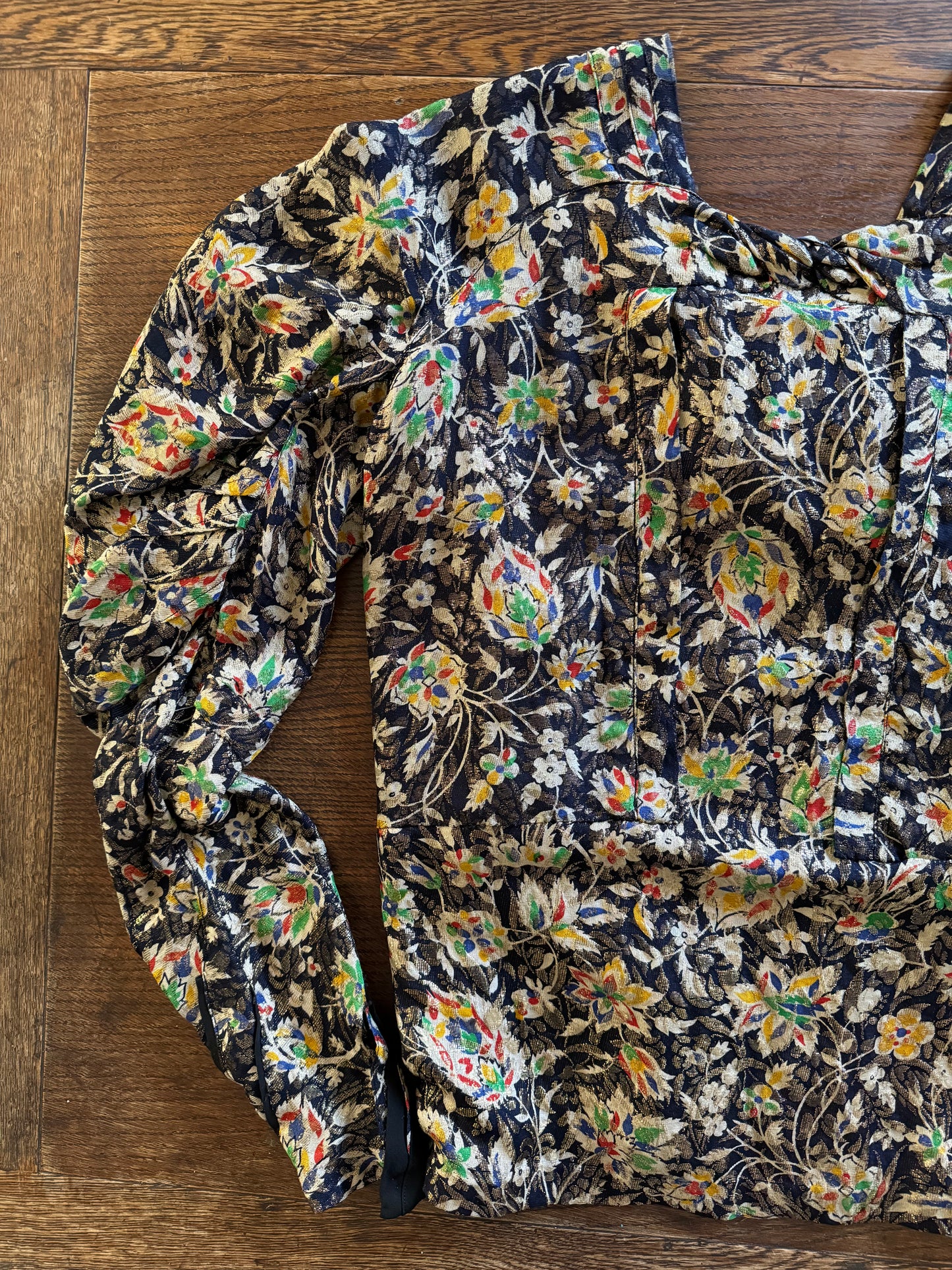 1930s Rare Rainbow Floral Lamé Mutton Sleeve Jacket- S/M