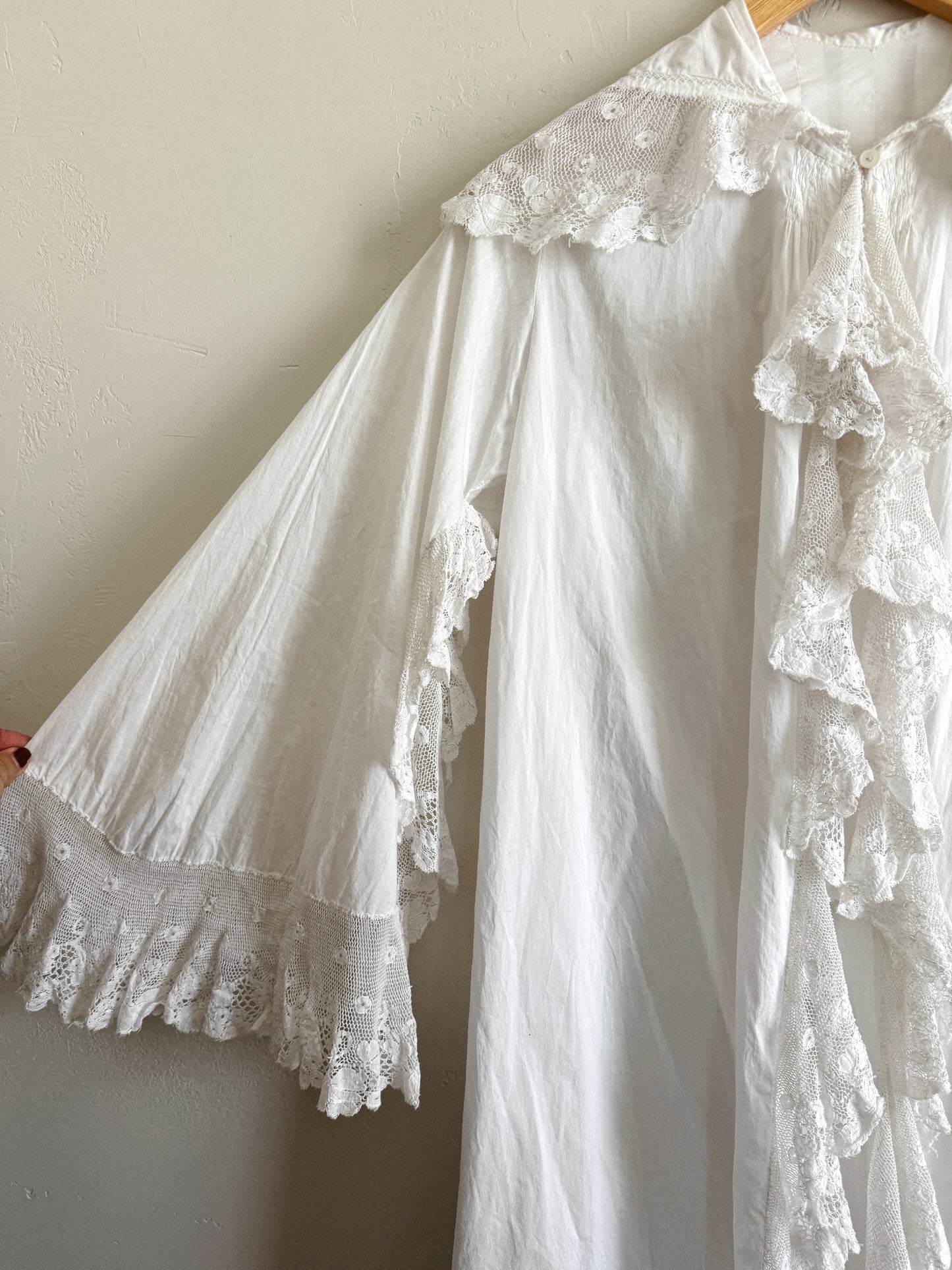 Edwardian White Angel Sleeve Boudoir Robe w/ Handmade Lace- S-S/M