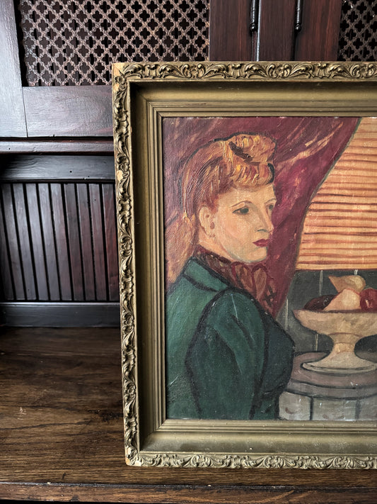 1940s Abstract Portrait of a Woman w/ Fruit in Gilt Frame- 16x19”