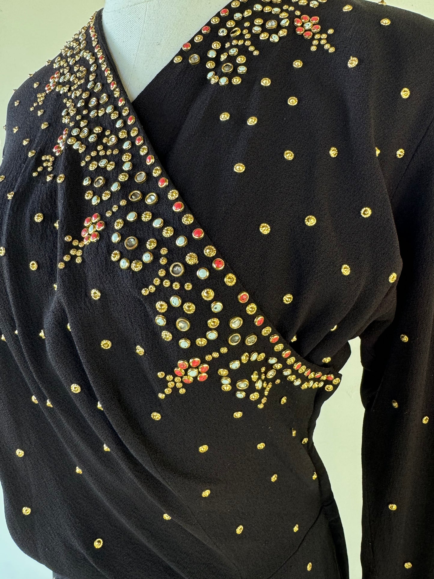 1940s Heavily Encrusted Rhinestone + Studded Crepe Evening Gown- M/L