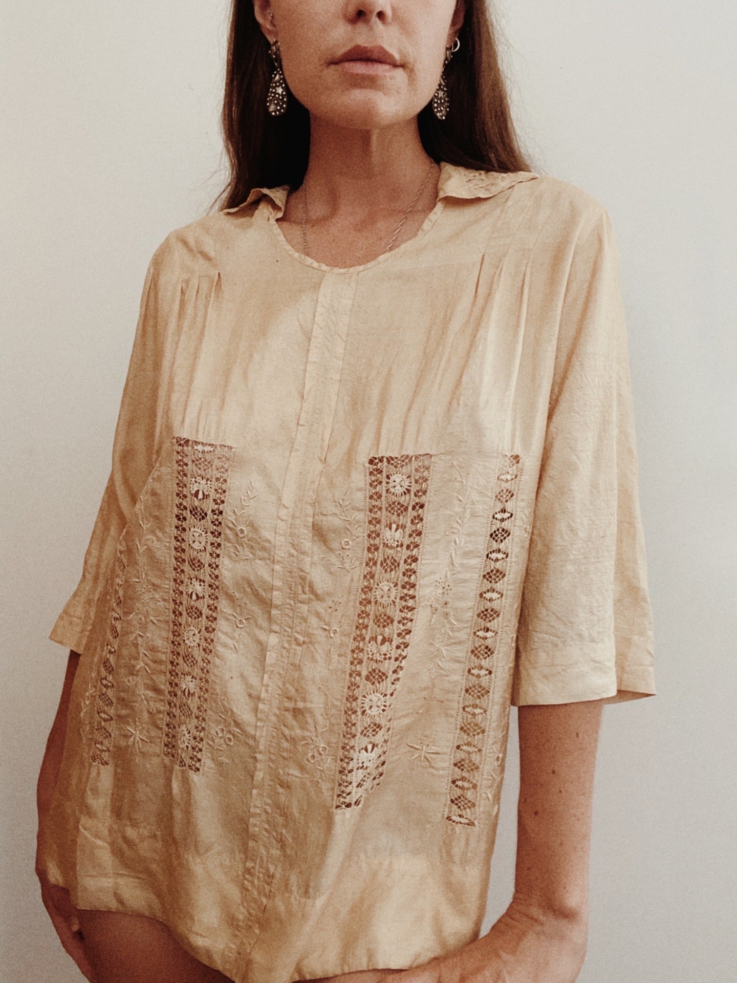 Antique Intricate Ecru Silk Lace Blouse- S/M