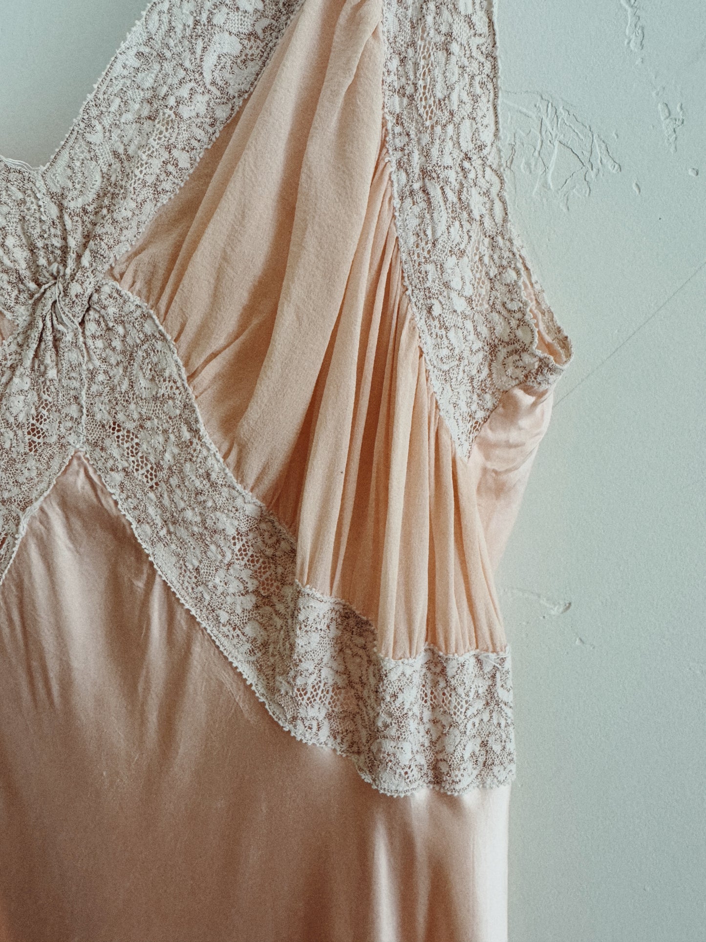 1930s Blush Pink Rayon Chiffon + Lace Slip Dress- S/M