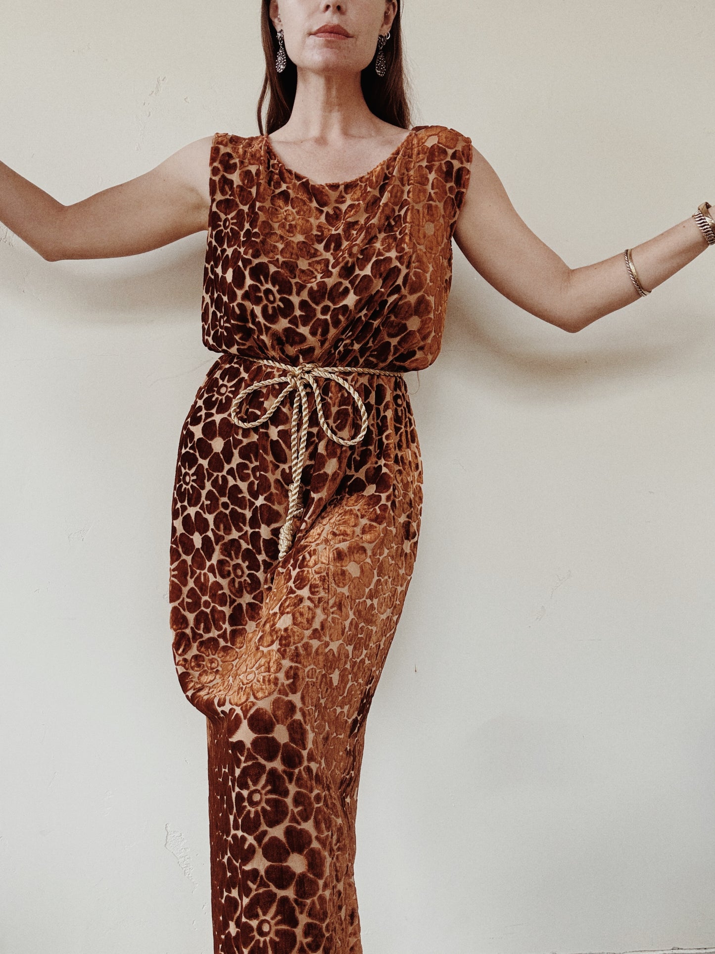 1920s Auburn Devore Silk Velvet Column Gown- S/M