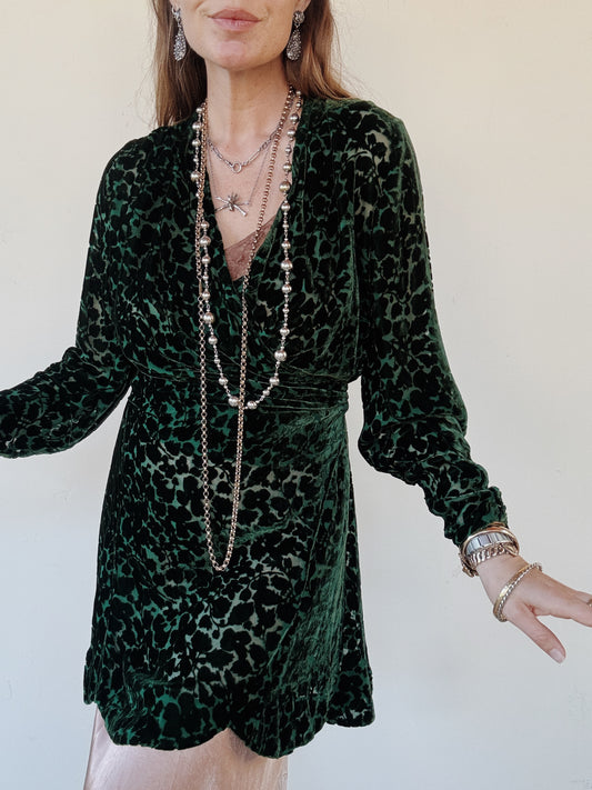 1920s/30s Emerald Devoré Silk Velvet Wrap Top Mini Dress- S/M-M