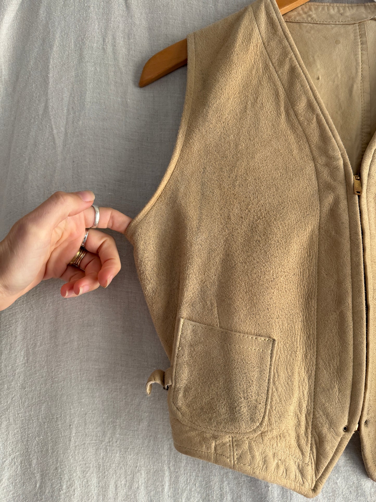 1930s Cropped Sand Suede Vest w/ Brass Talon Grommet Zip + Side Cinches- S