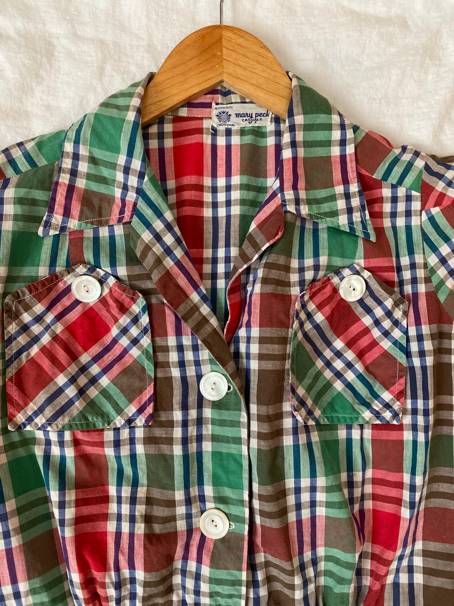 1940s Plaid Peplum Blouse w/ Puffed Shoulders- M/L