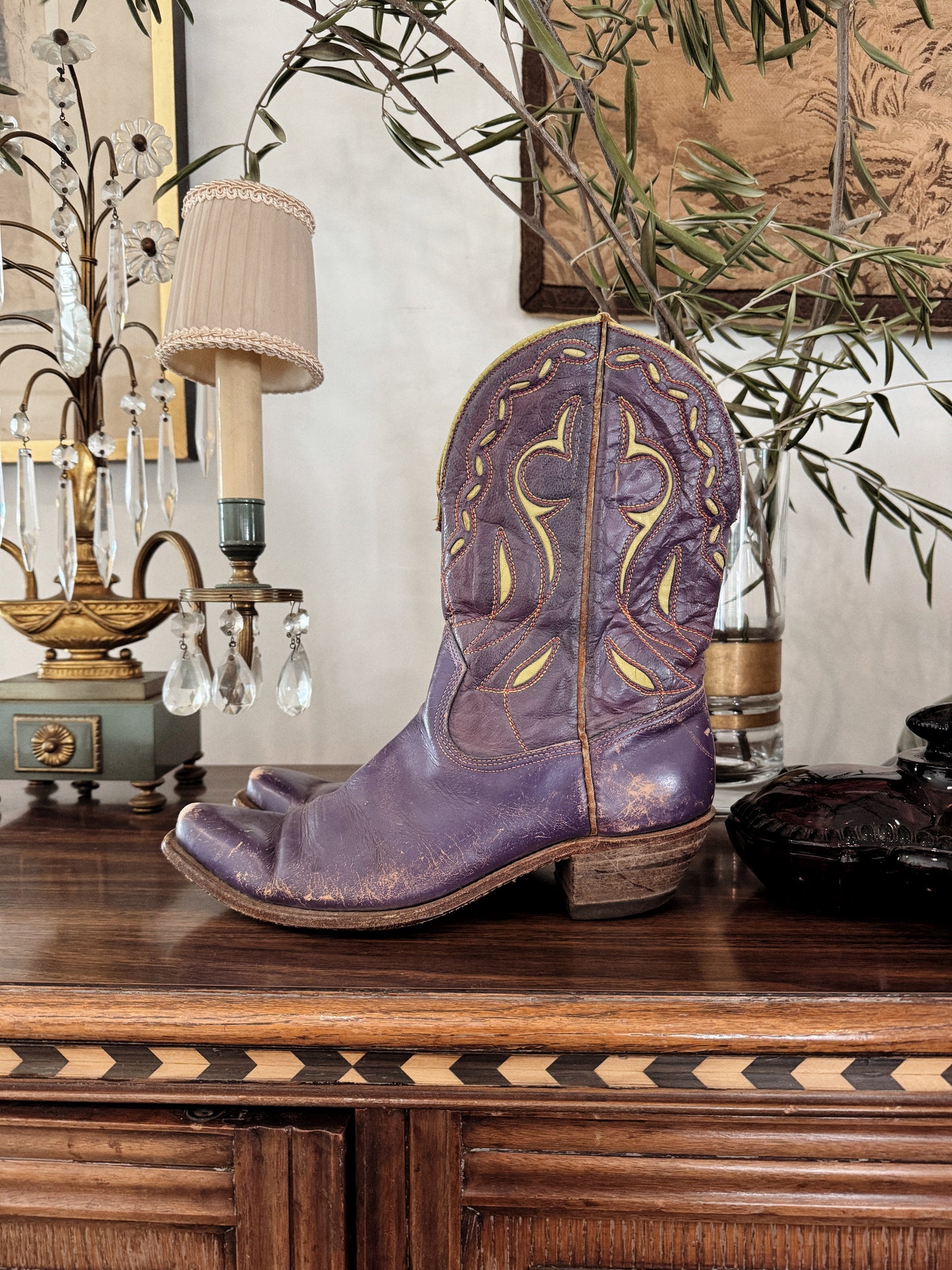 1950s Purple + Chartreuse Acme Inlay Cowboy Boots- 6
