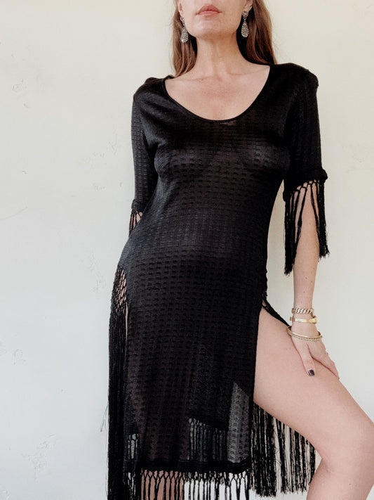 1920s Black Knit Rayon Jersey Fringe Dress- S/M