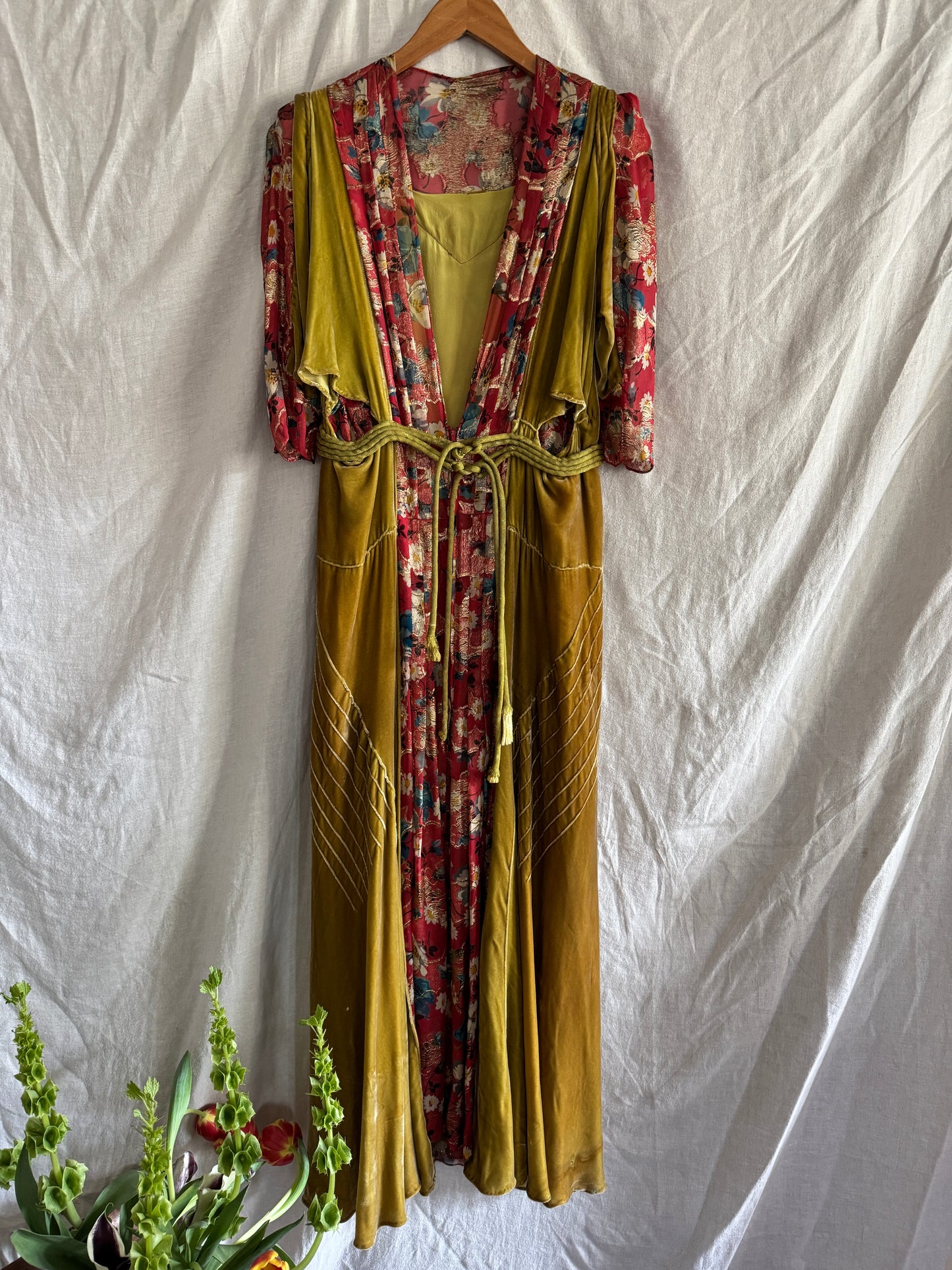 1930s Medieval Golden Velvet + Red Floral Lamé Gown- S/M