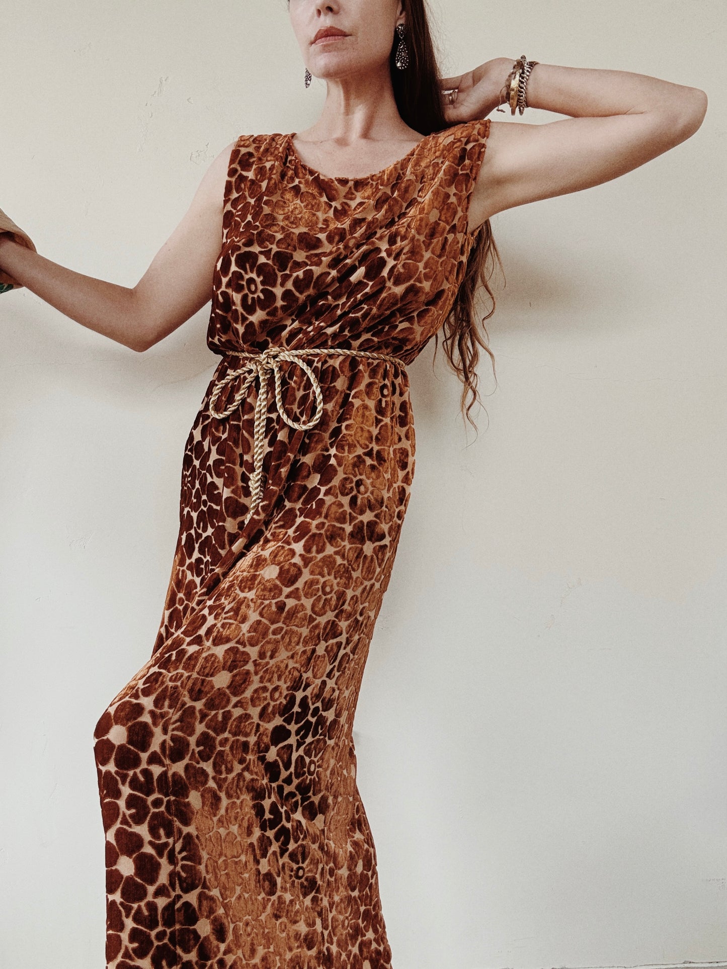 1920s Auburn Devore Silk Velvet Column Gown- S/M