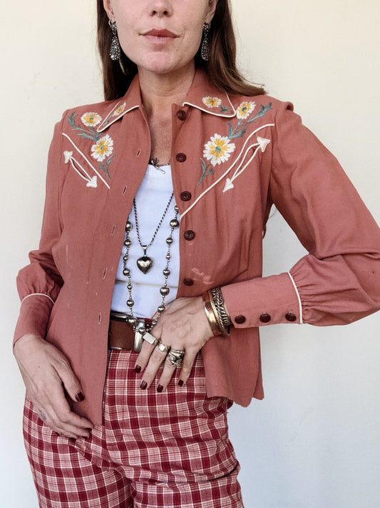 1940s/50s Clay Gabardine Chain Stitched Western Top- S-S/M