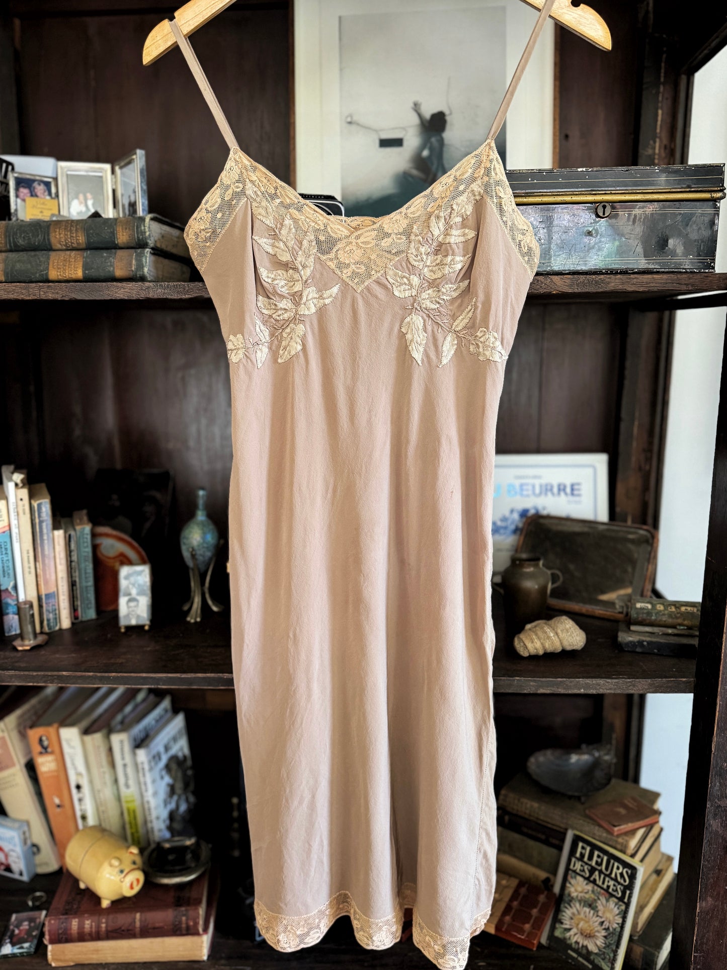 1930s Creamy Mocha Silk Slip Dress w/ Lace + Foliage Appliqué- S