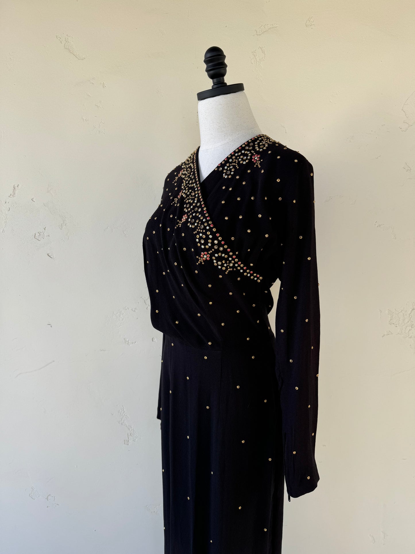 1940s Heavily Encrusted Rhinestone + Studded Crepe Evening Gown- M/L