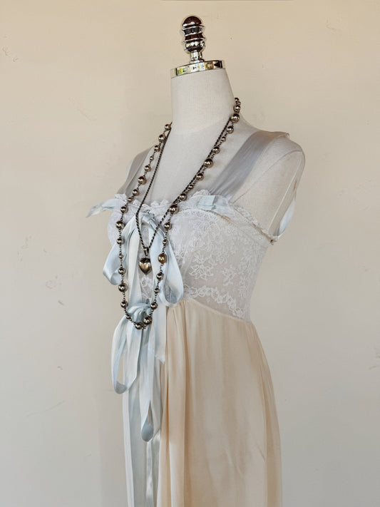 1940s Ivory Silk + Lace Slip Dress w/ Pale Blue Satin Ribbon- XS-S