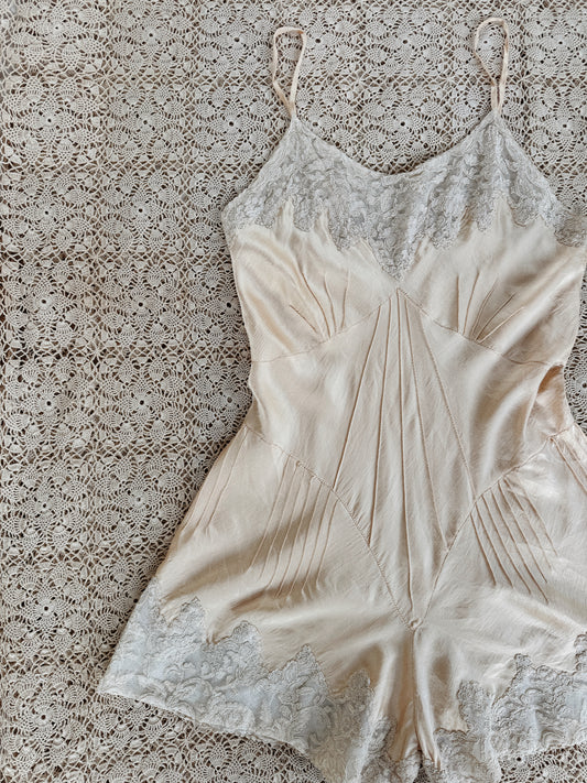 1930s Ivory Charmeuse Silk + French Lace Hand Sewn Step In- XS-S