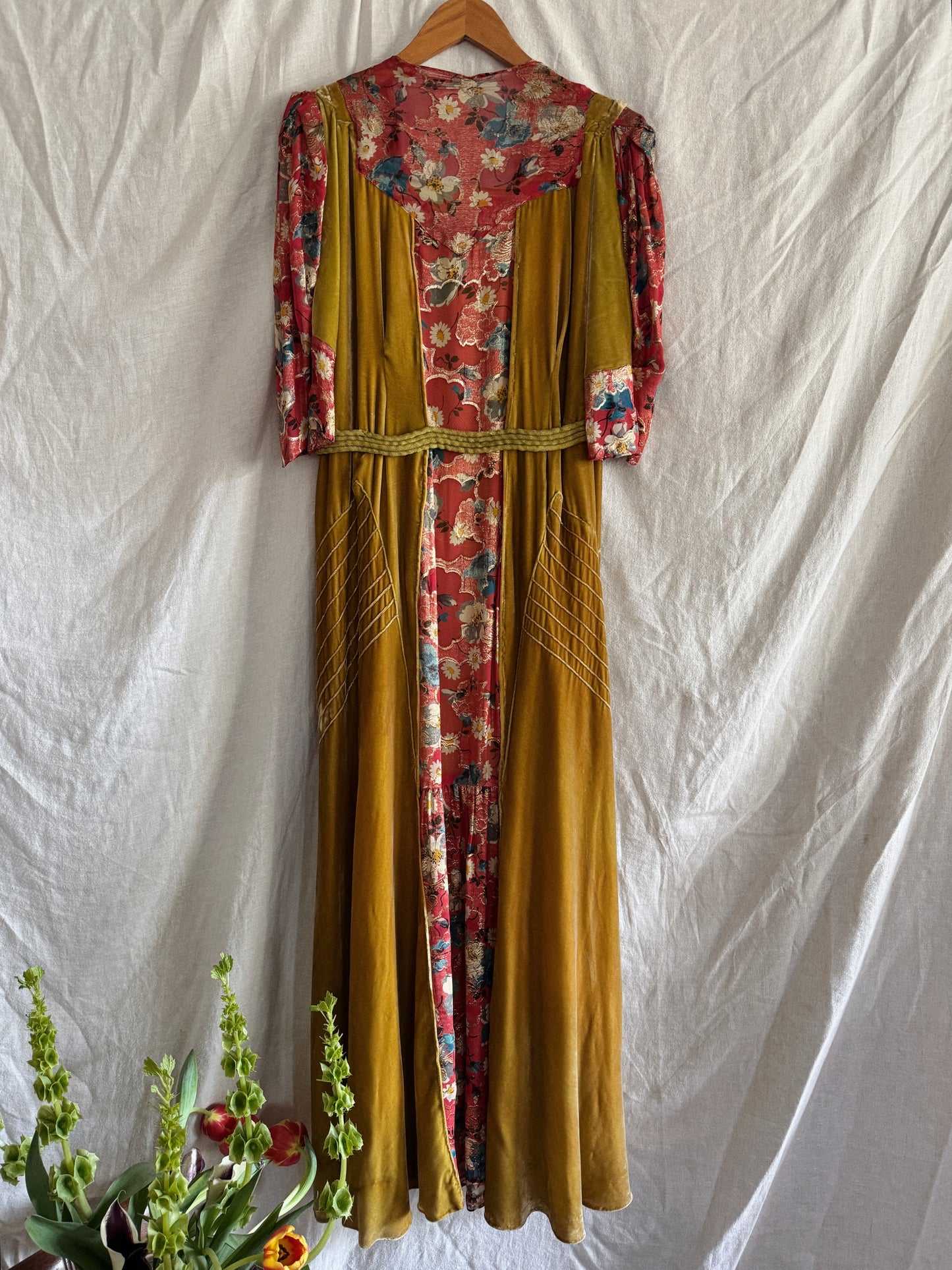 1930s Medieval Golden Velvet + Red Floral Lamé Gown- S/M