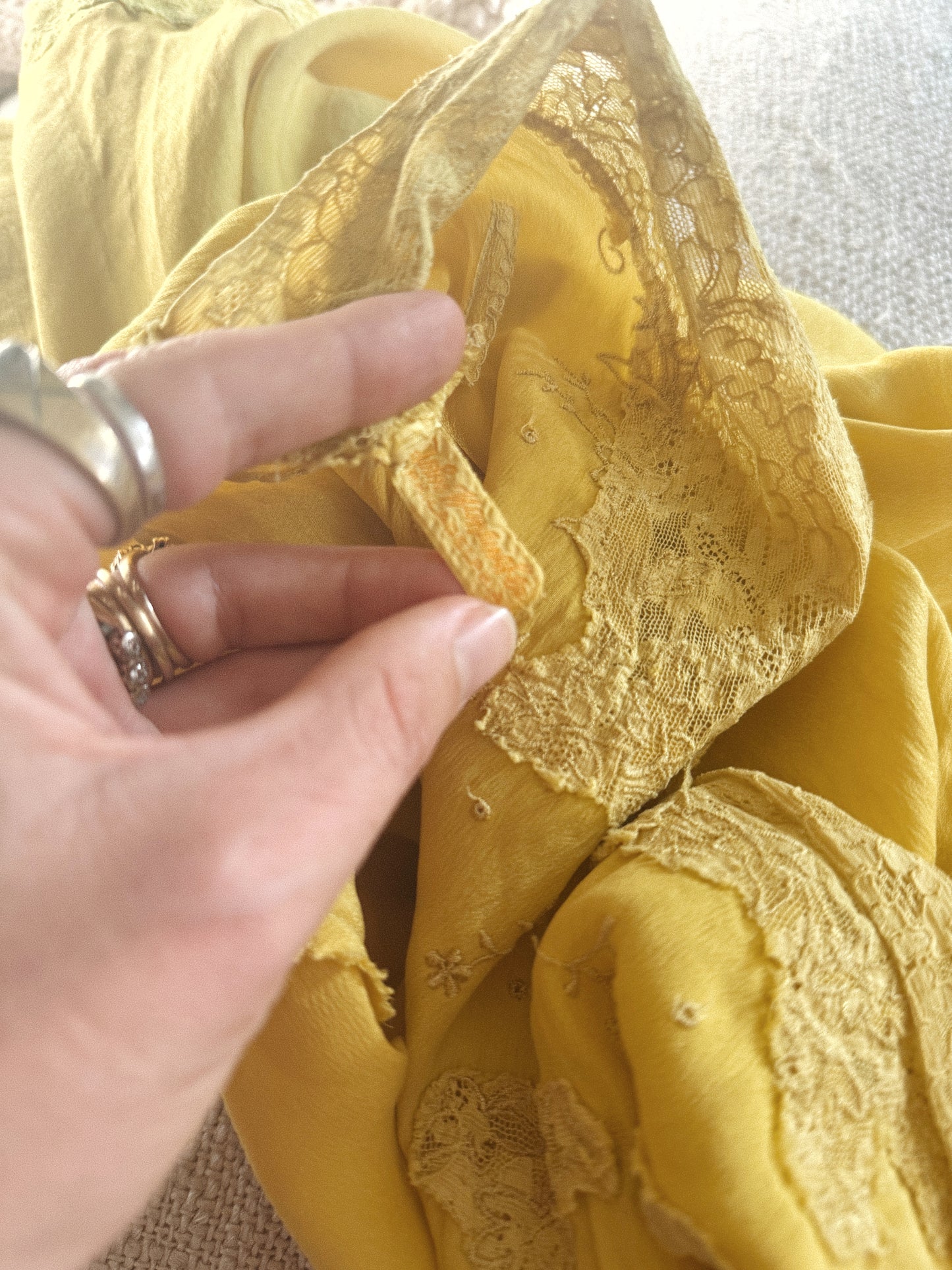 1930s Electric Mustard Silk Slip Dress w/ Floral Lace Inserts- M
