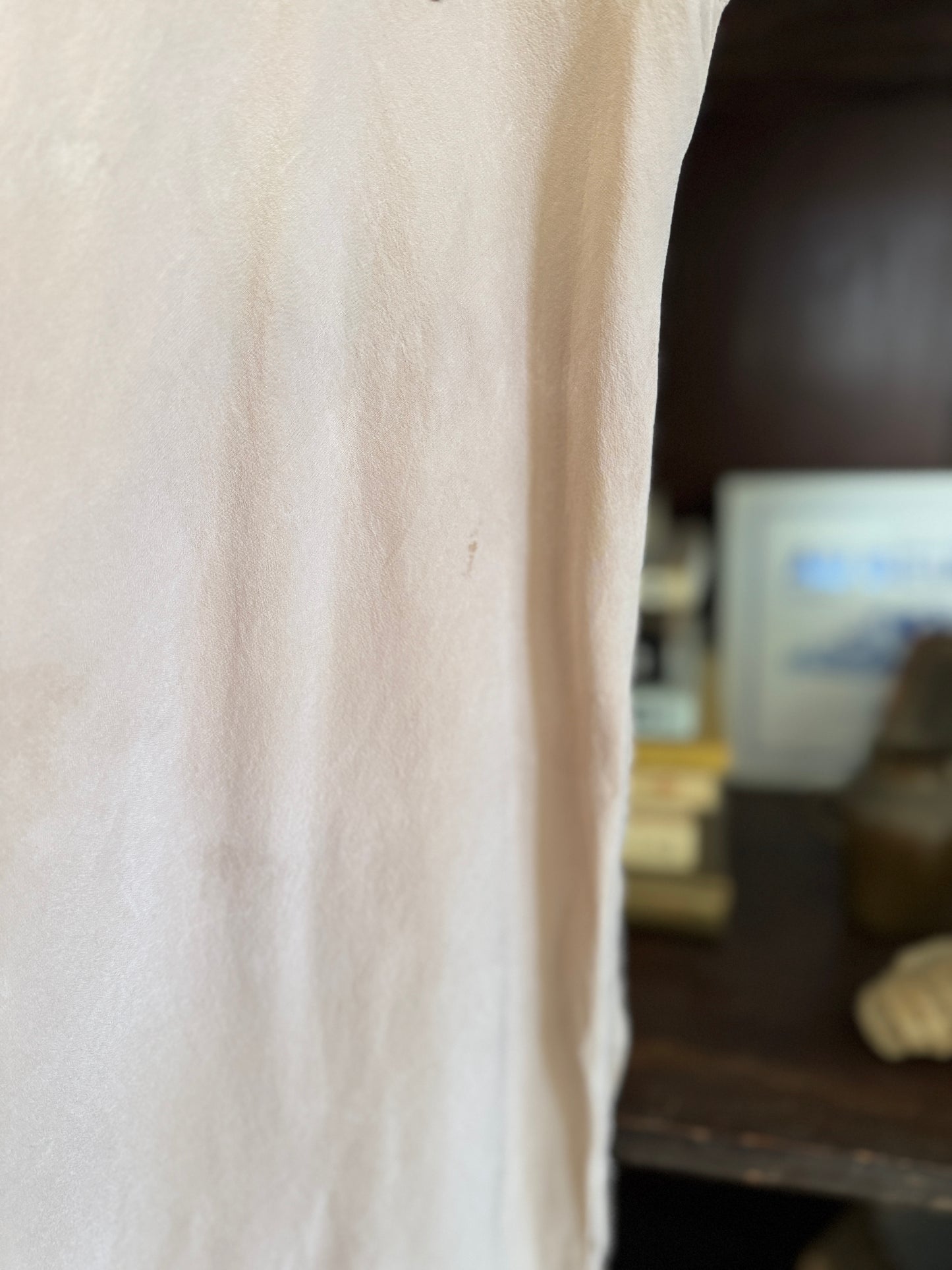 1930s Creamy Mocha Silk Slip Dress w/ Lace + Foliage Appliqué- S