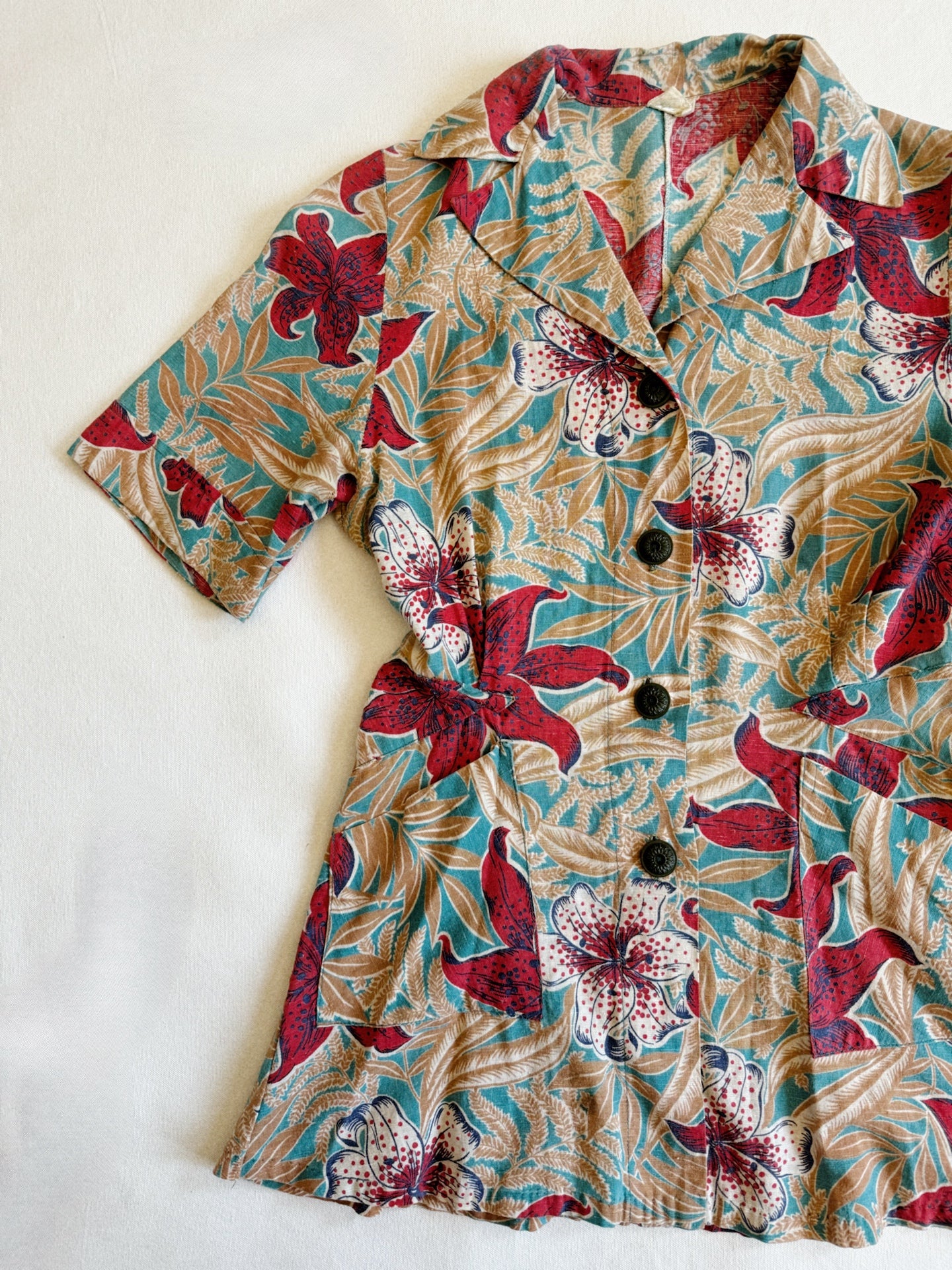 1940s Hawaiian Floral Cotton Blouse- S