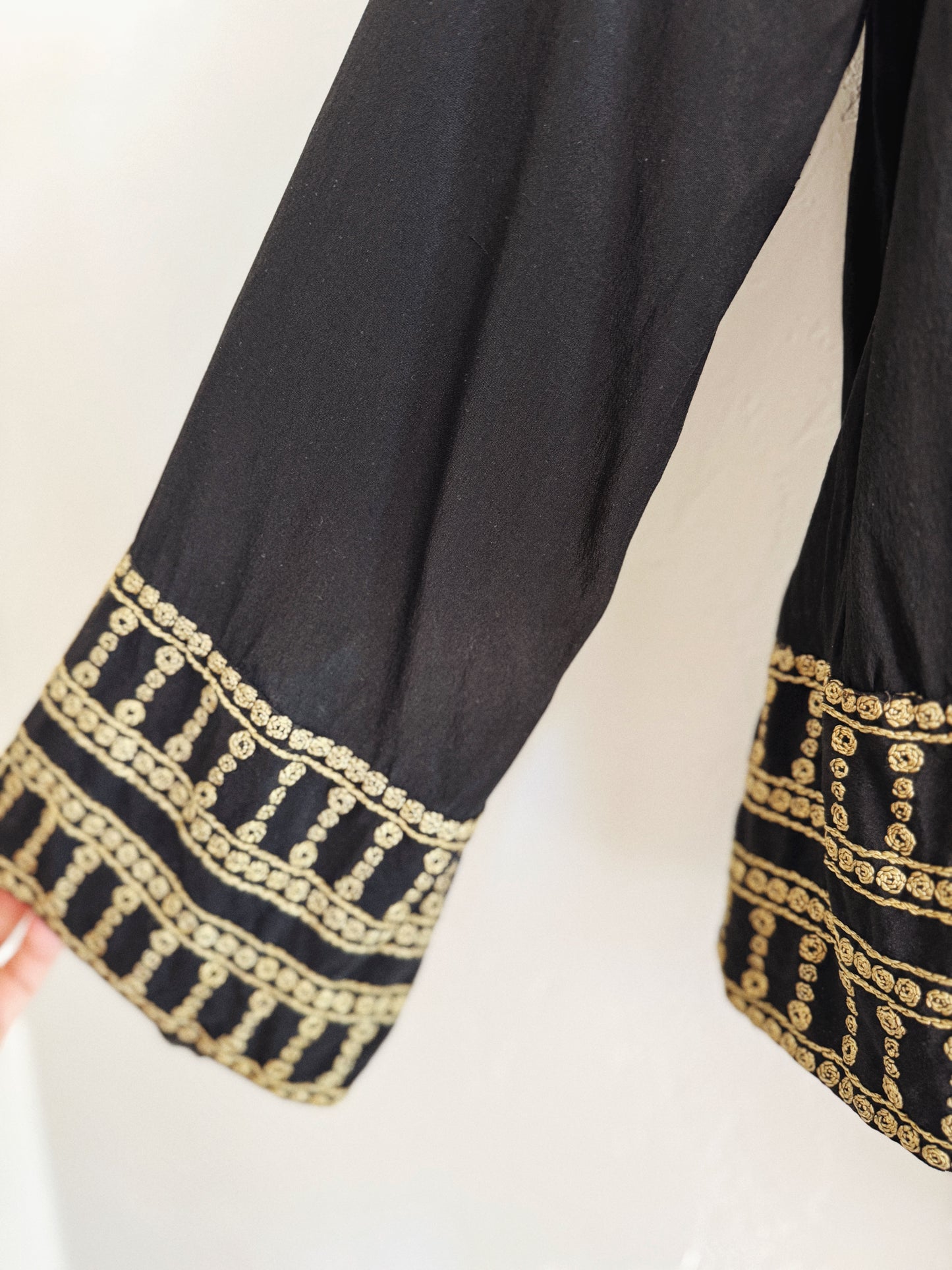 1920s/30s Grecian Black Silk Crepe Blouse w/ Gold Embroidery- S/M