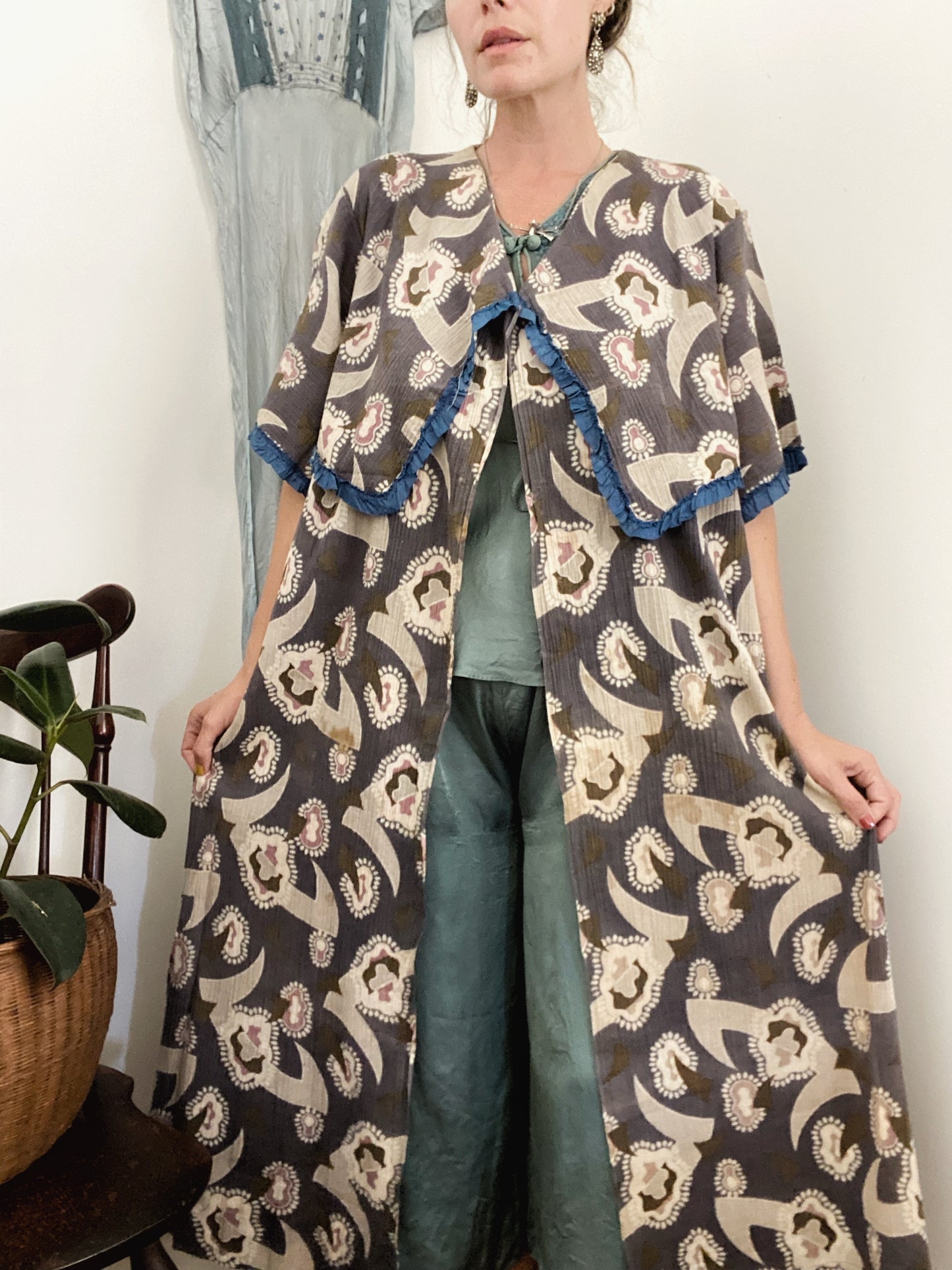1920s Deco Thick Cotton Muslin Duster- M/L
