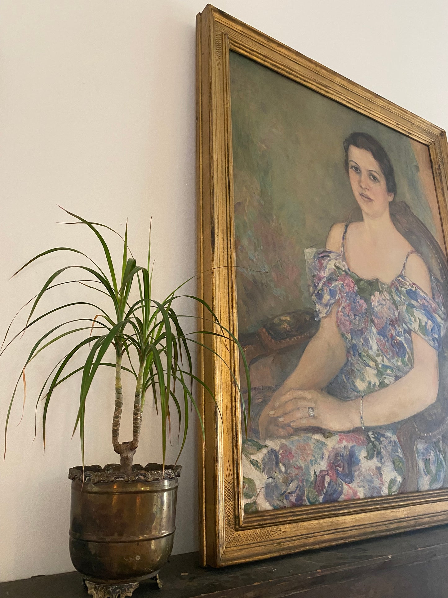 1930s Large Sage + Violet Portrait of a Woman in Gilt Frame- 29 x 37”