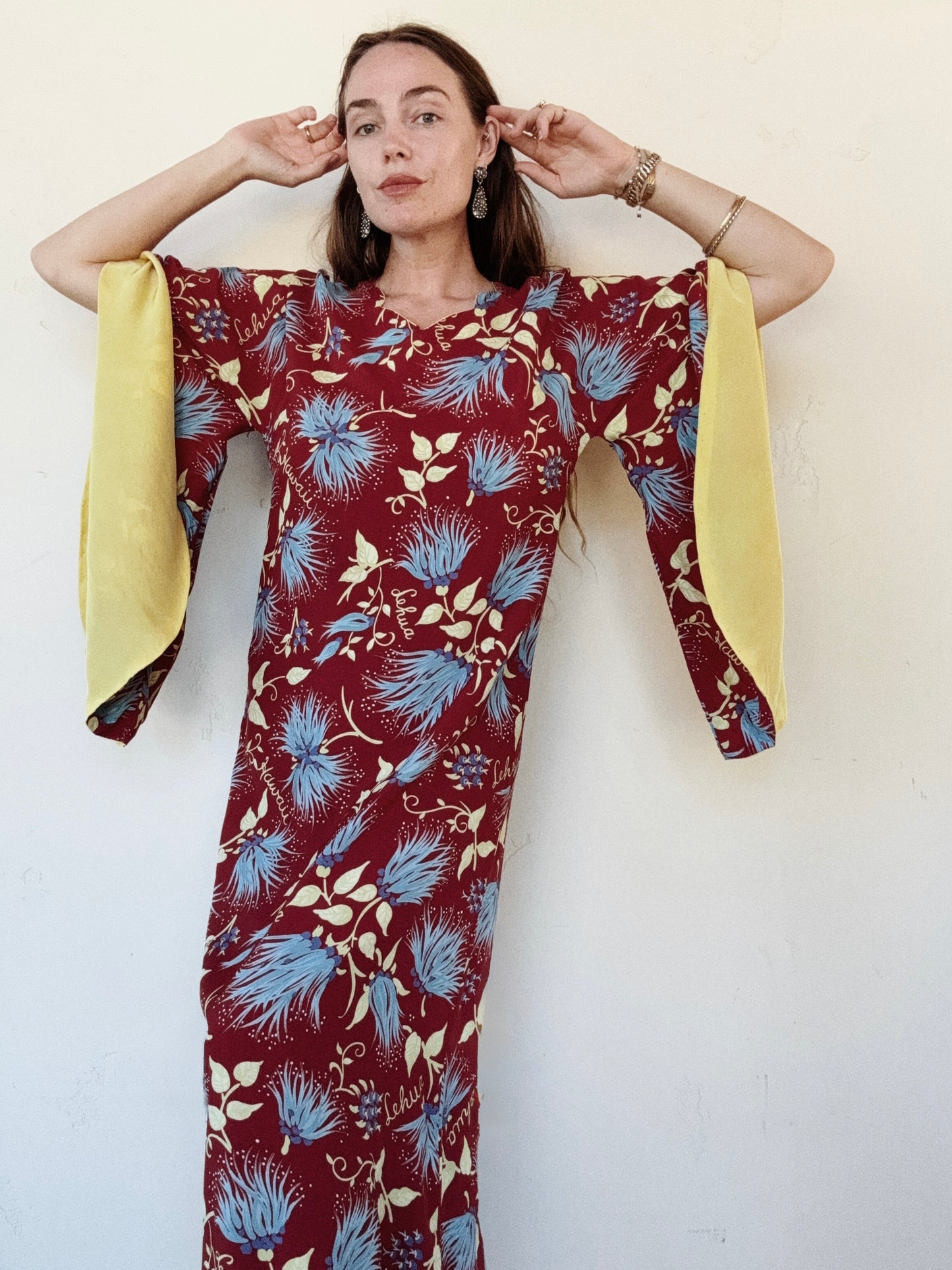 1940s Burgundy + Chartreuse Rayon Hawaiian Dress w/ Angel Sleeves- M