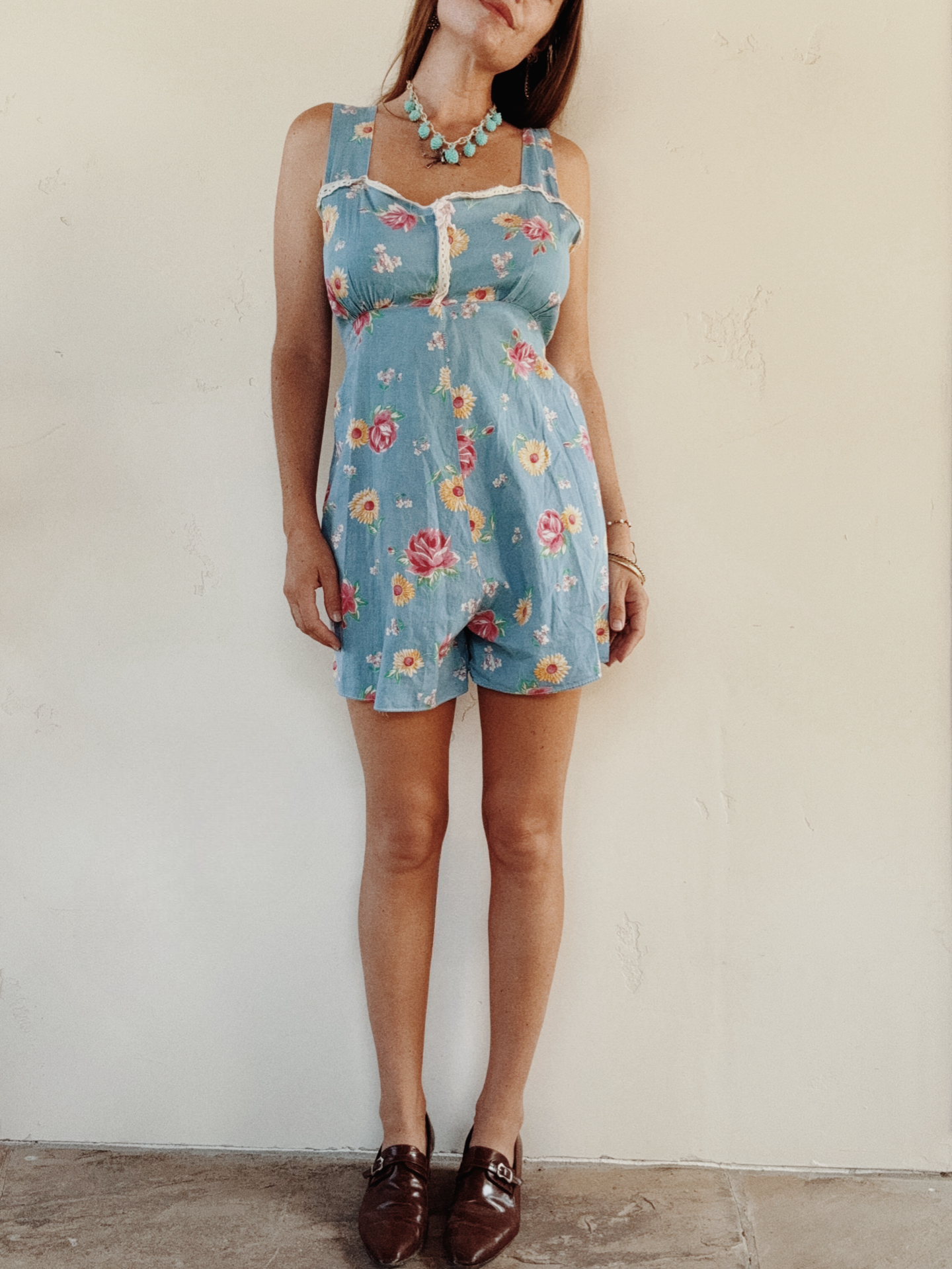 1940s Sky Blue Floral Cotton Playsuit- S