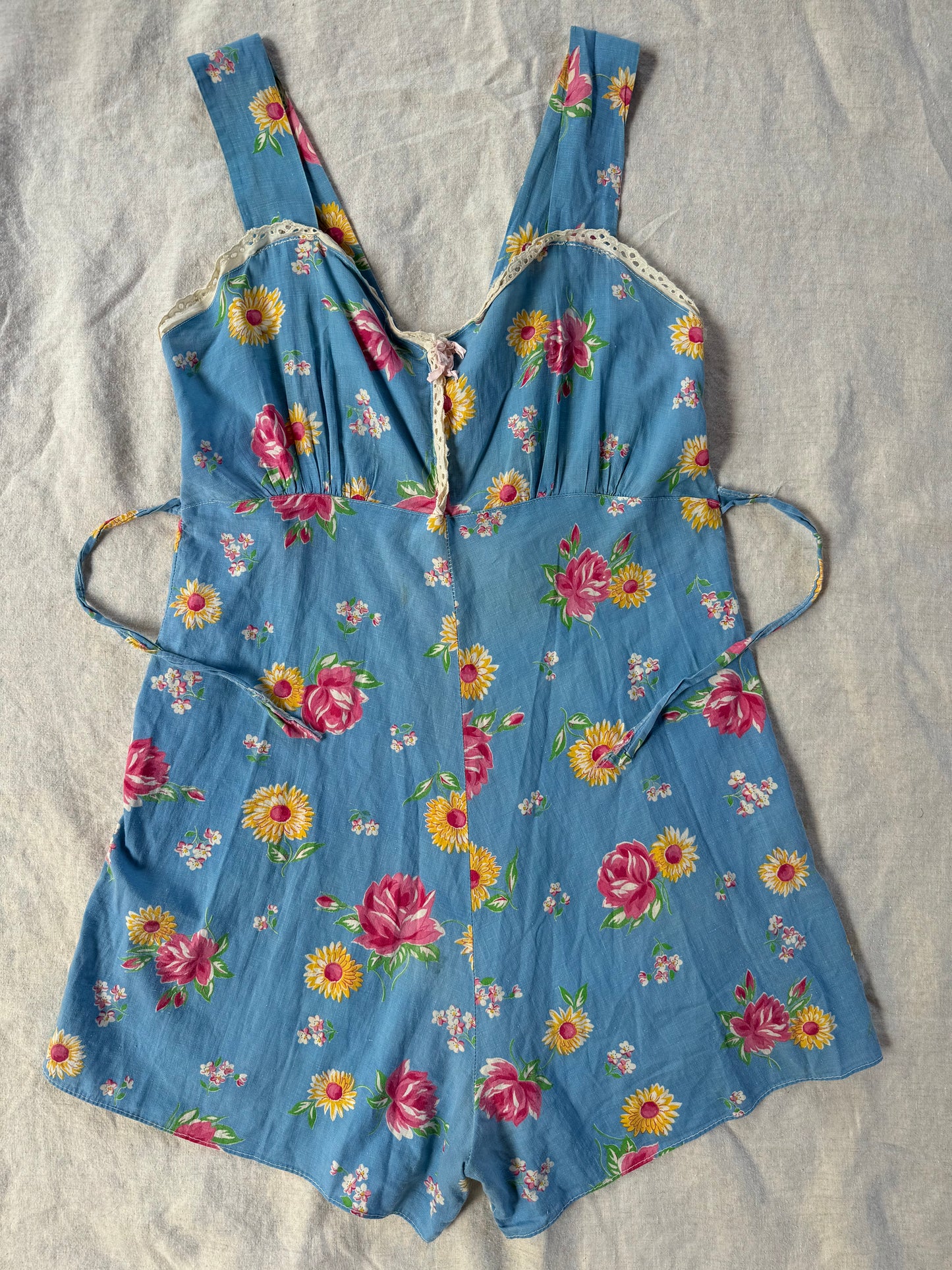 1940s Sky Blue Floral Cotton Playsuit- S