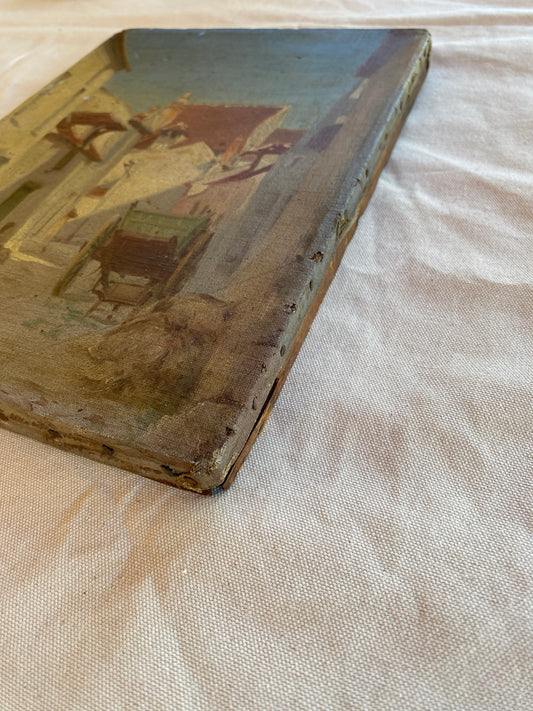 Antique Village Scene Oil on Stretched Canvas- 9 x 12.5