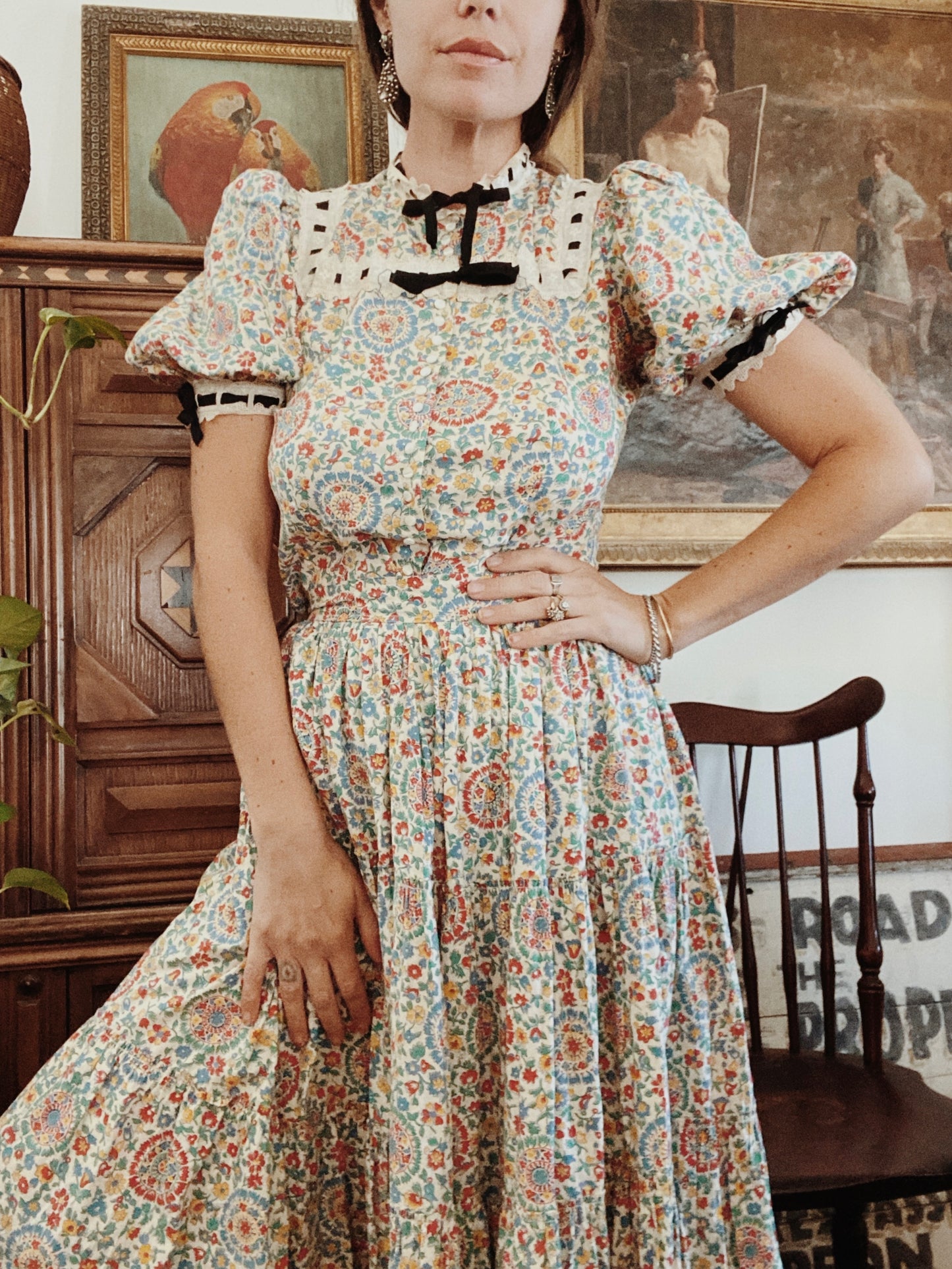 1930s Multi Colored Cotton Floral Puffed Sleeve Maxi Skirt Set- S/M