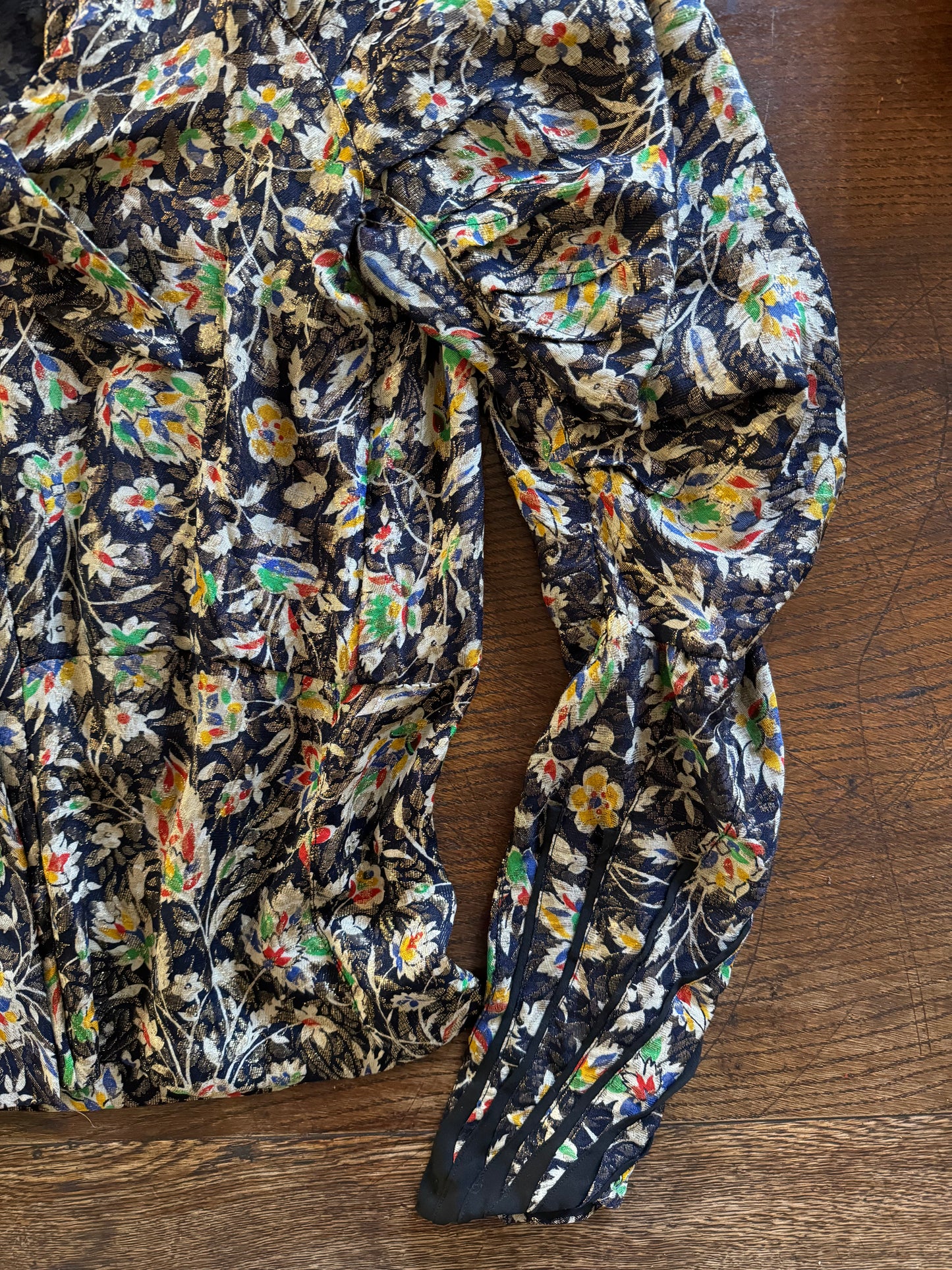 1930s Rare Rainbow Floral Lamé Mutton Sleeve Jacket- S/M
